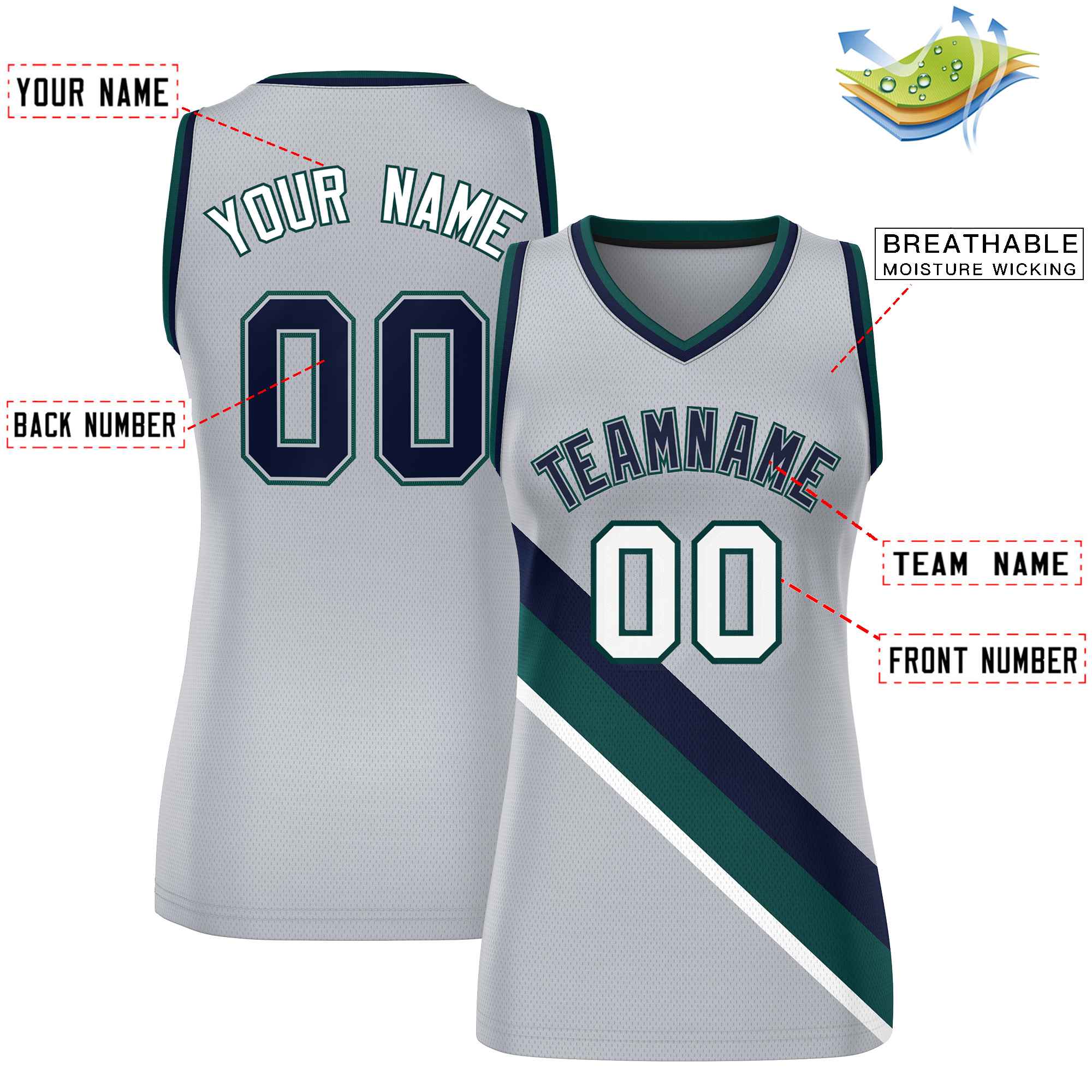 Custom Light Gray Navy-Midnight Green Thick Slash Fashion Tops Mesh Basketball Jersey For Women