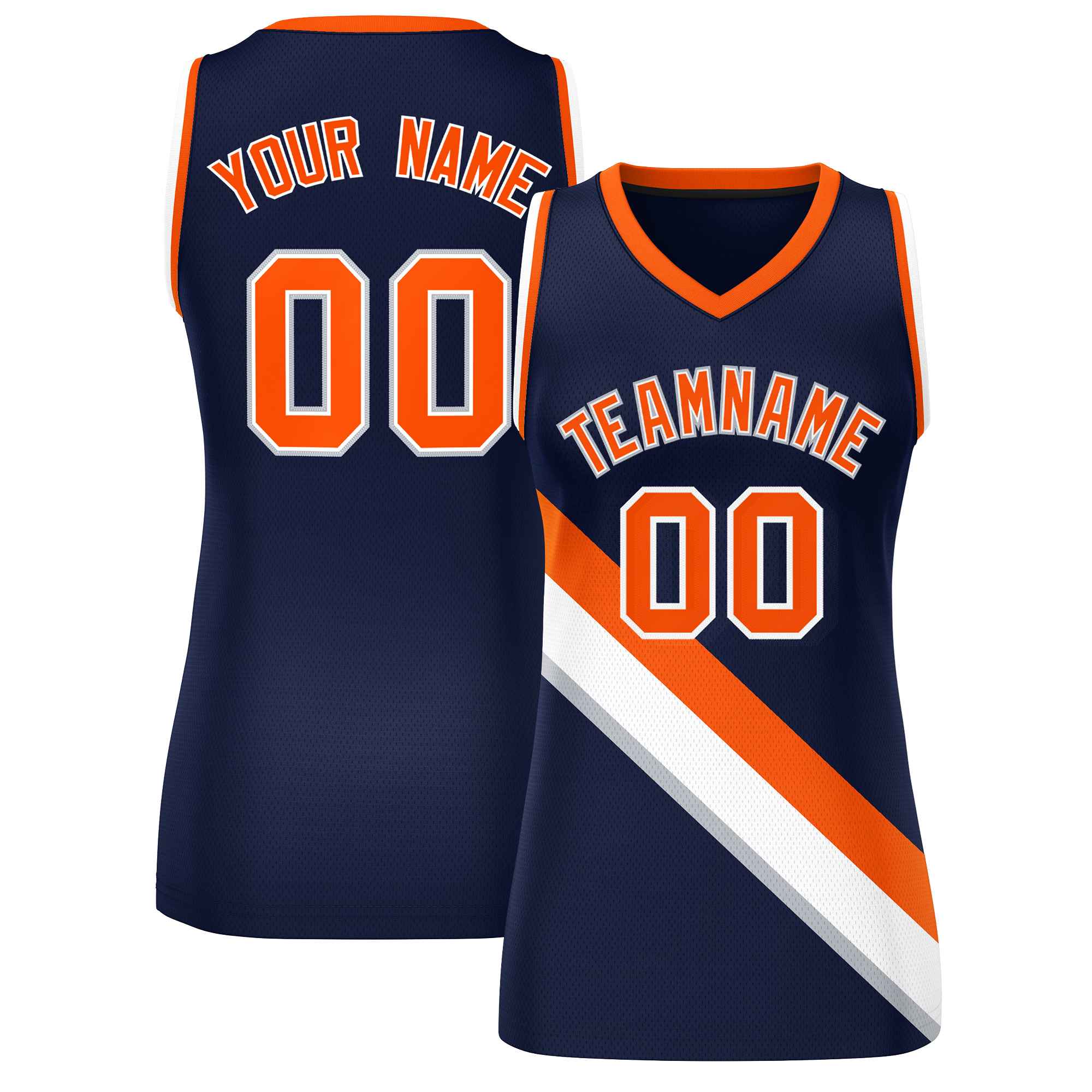 Custom Navy Orange-White Thick Slash Fashion Tops Mesh Basketball Jersey For Women