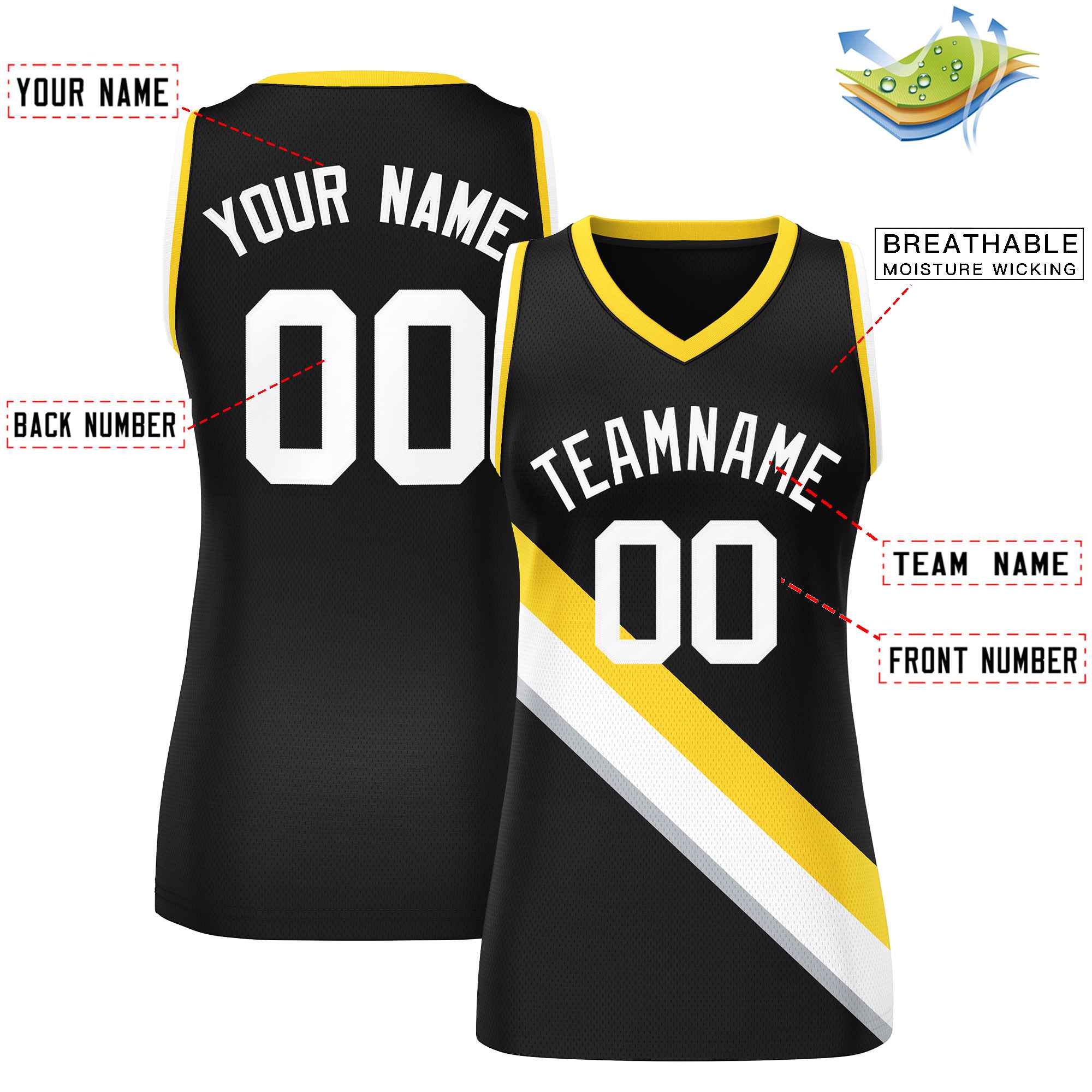 Custom Black Gold-White Thick Slash Fashion Tops Mesh Basketball Jersey For Women