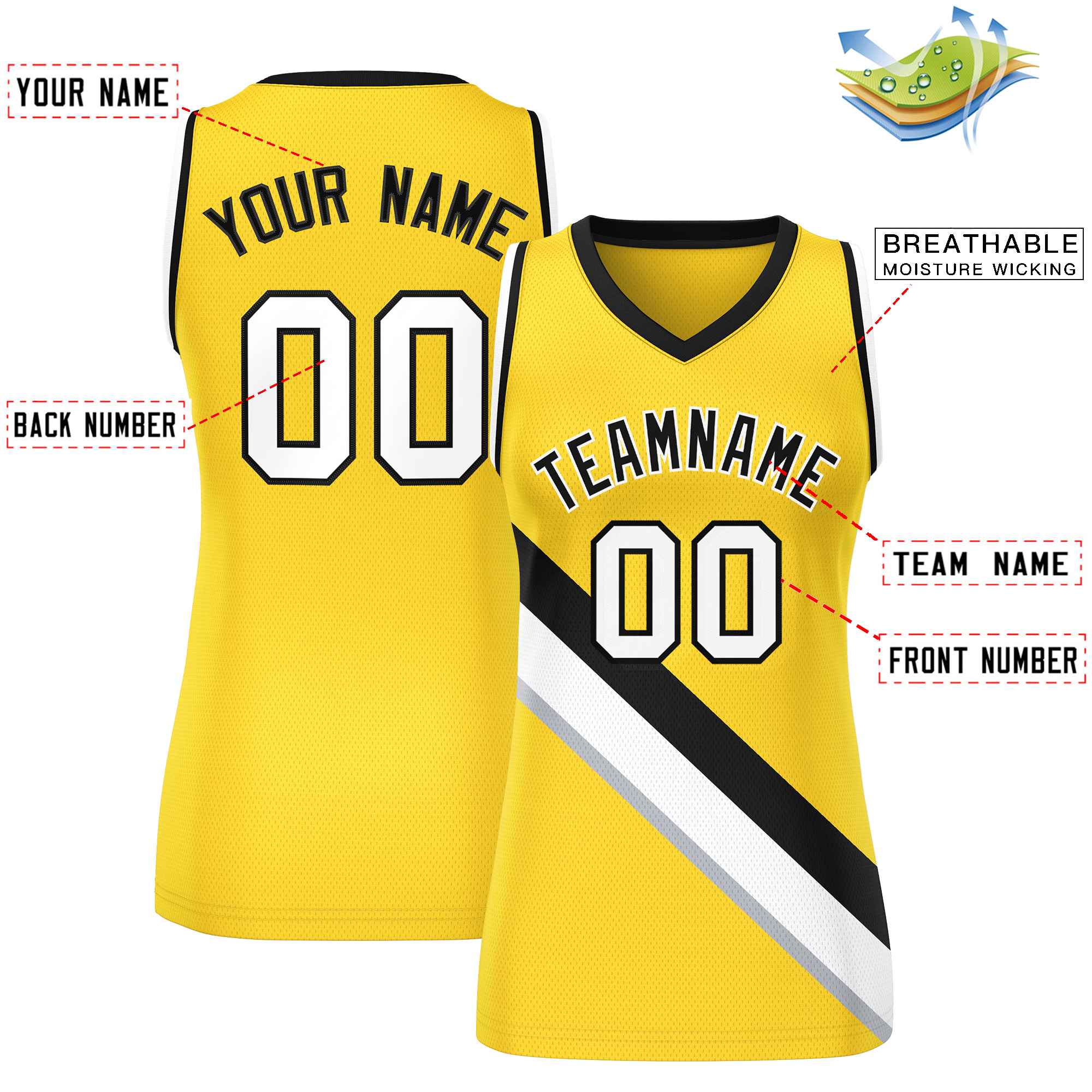 Custom Gold Black-White Thick Slash Fashion Tops Mesh Basketball Jersey For Women