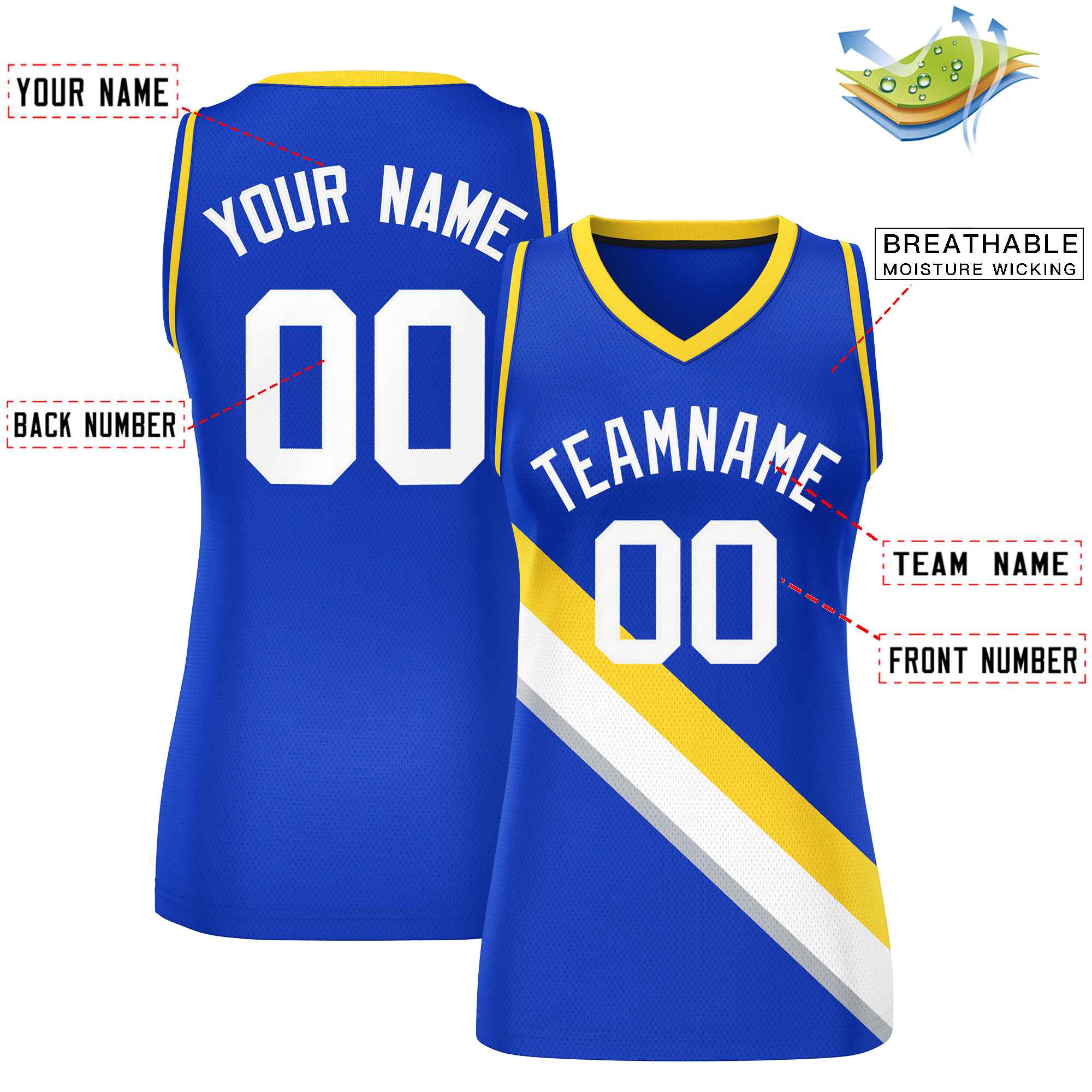 Custom Royal Gold-Royal Thick Slash Fashion Tops Mesh Basketball Jersey For Women