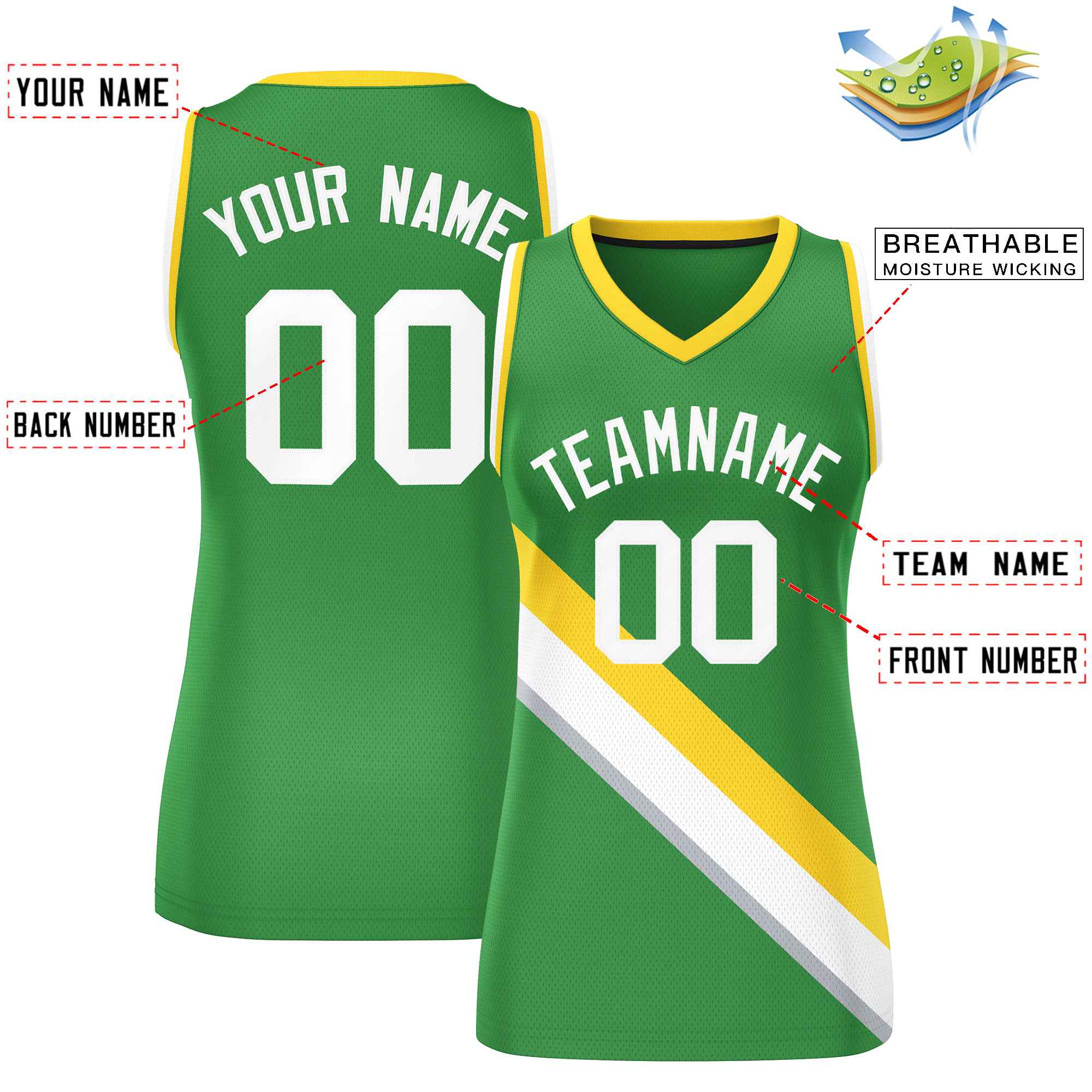 Custom Kelly Green Gold-White Thick Slash Fashion Tops Mesh Basketball Jersey For Women