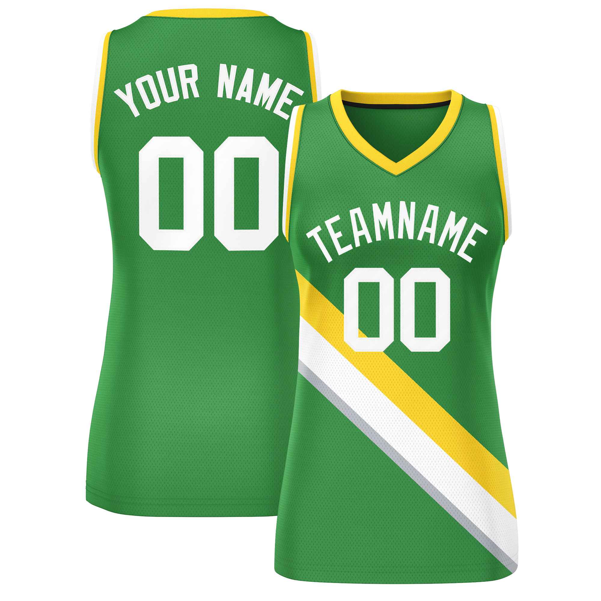 Custom Kelly Green Gold-White Thick Slash Fashion Tops Mesh Basketball Jersey For Women