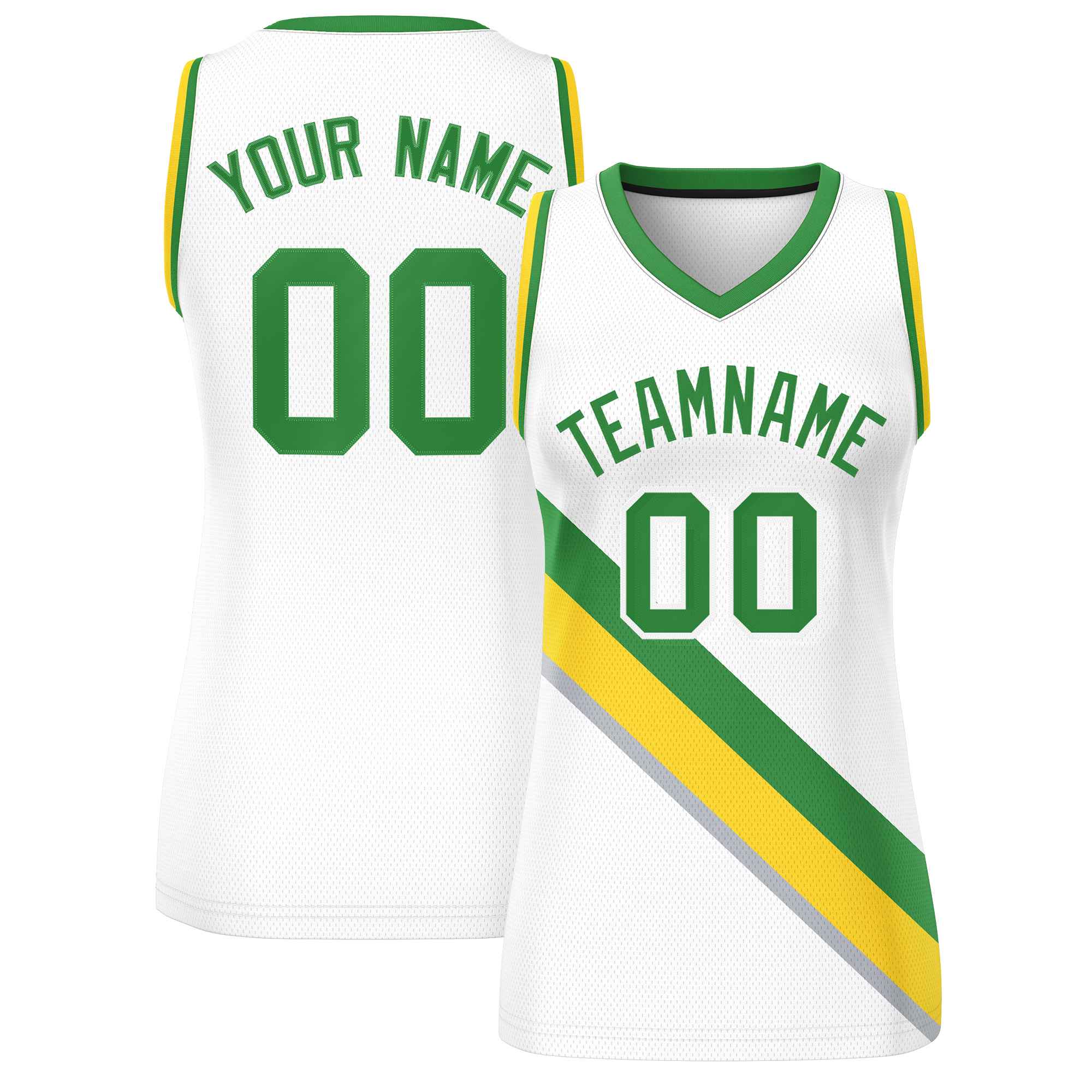 Custom White Kelly Green-Gold Thick Slash Fashion Tops Mesh Basketball Jersey For Women