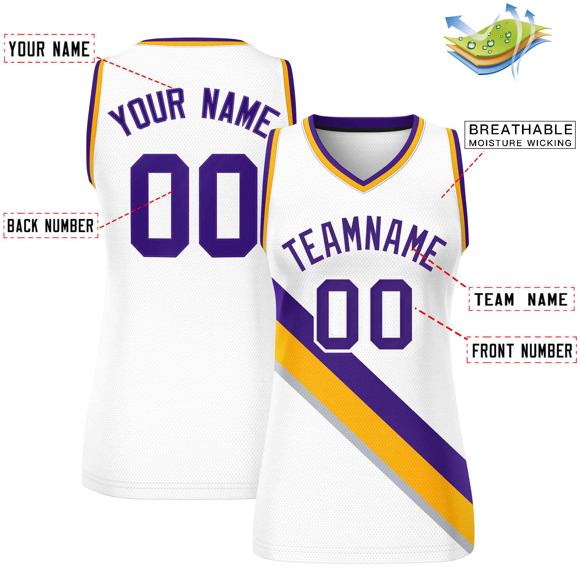 Custom White Yellow-Purple Thick Slash Fashion Tops Mesh Basketball Jersey For Women