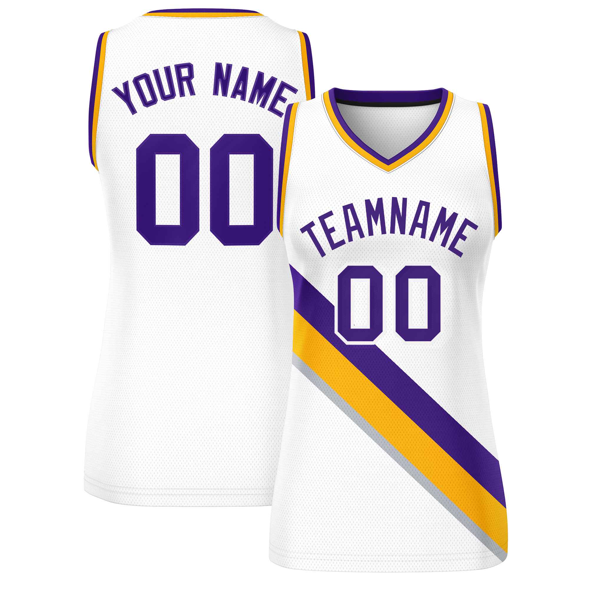 Custom White Yellow-Purple Thick Slash Fashion Tops Mesh Basketball Jersey For Women