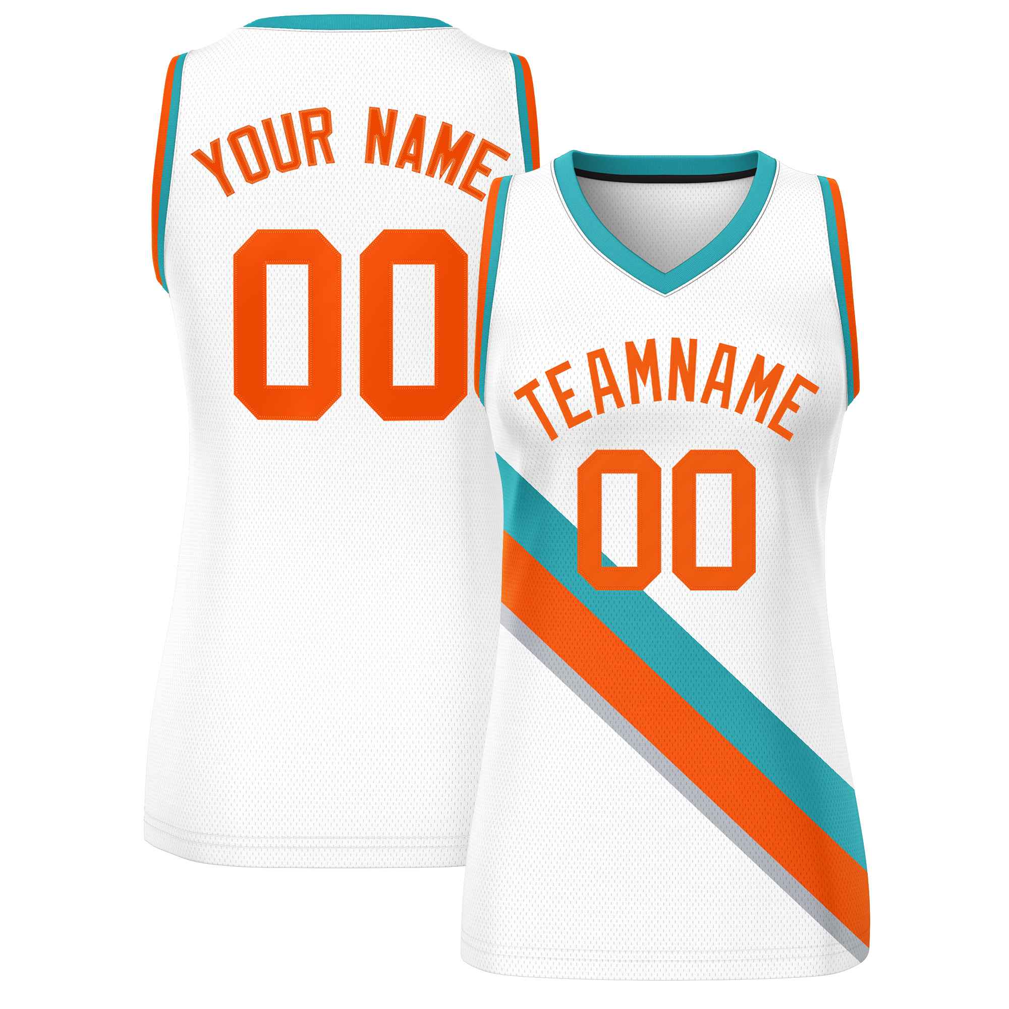 Custom White Aqua-Orange Thick Slash Fashion Tops Mesh Basketball Jersey For Women