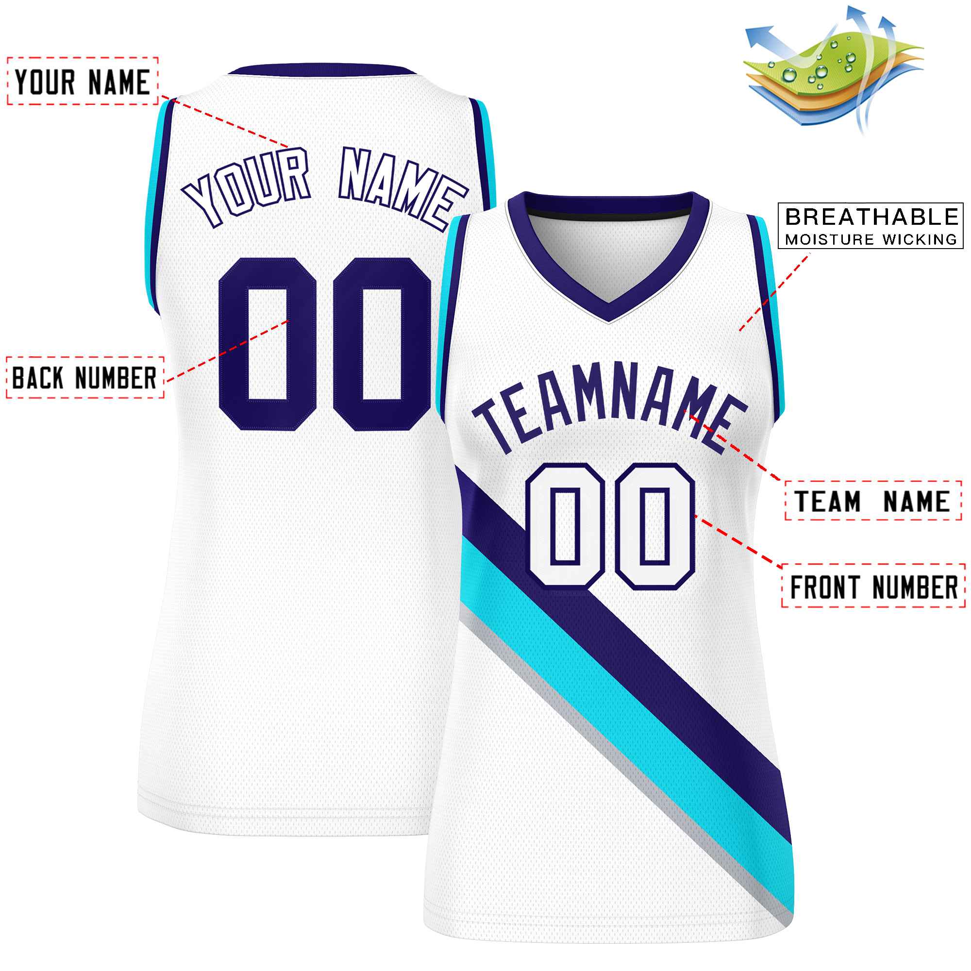 Custom White Purple-Powder Blue Thick Slash Fashion Tops Mesh Basketball Jersey For Women