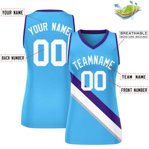 Custom Powder Blue Purple-White Thick Slash Fashion Tops Mesh Basketball Jersey For Women