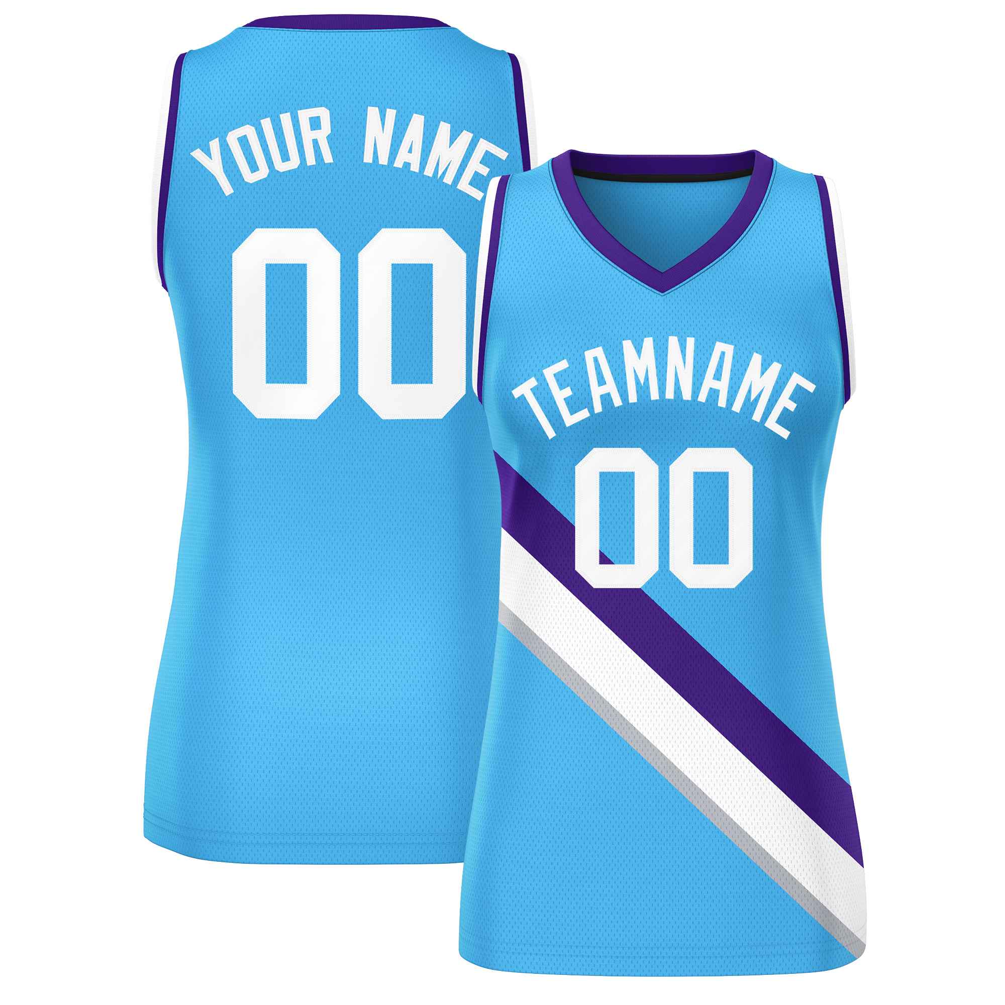 Custom Powder Blue Purple-White Thick Slash Fashion Tops Mesh Basketball Jersey For Women