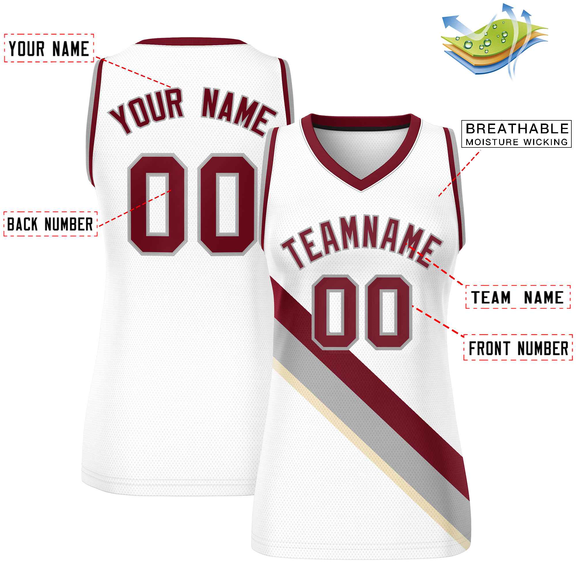 Custom White Crimson-Gray Thick Slash Fashion Tops Mesh Basketball Jersey For Women