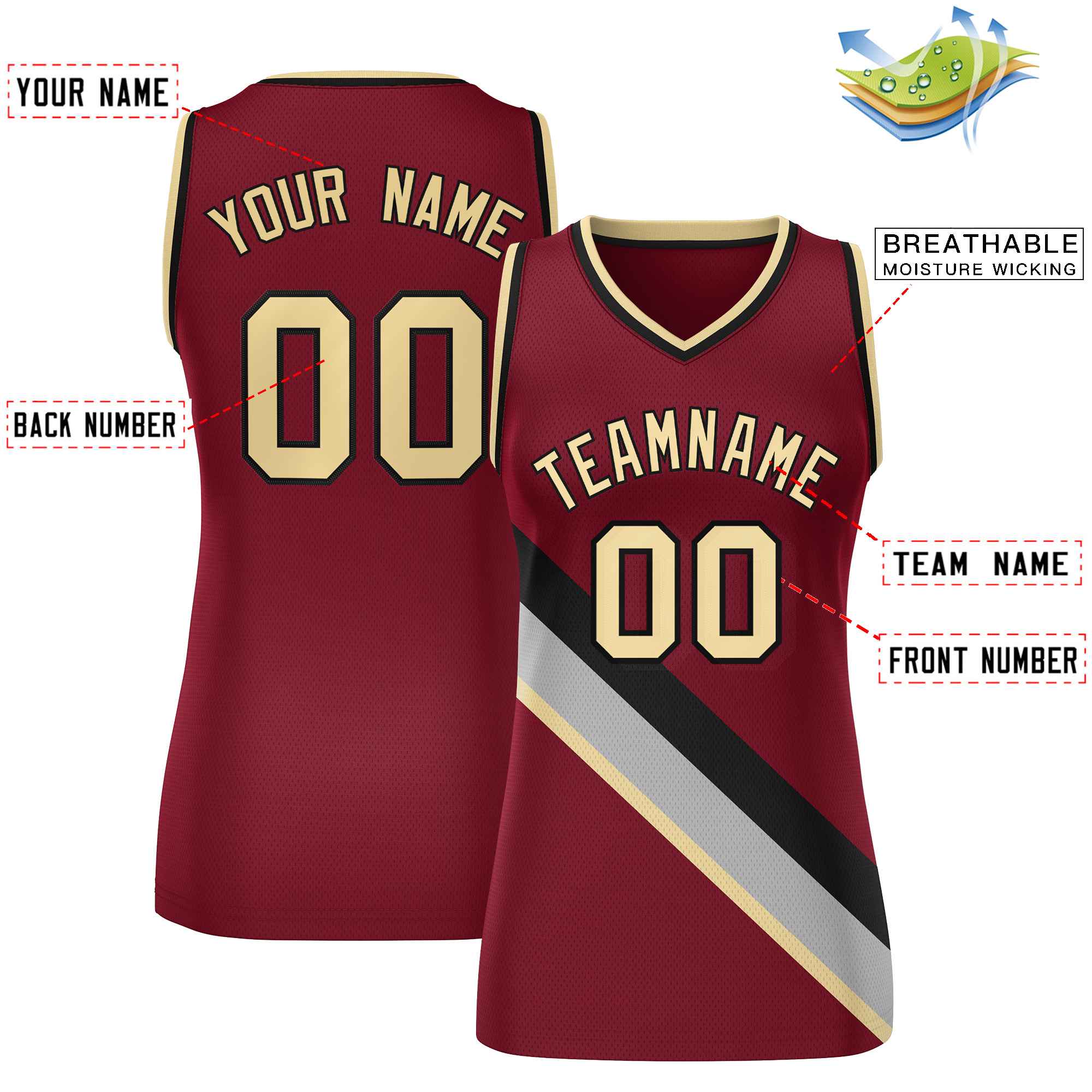 Custom Crimson Black-Khaki Thick Slash Fashion Tops Mesh Basketball Jersey For Women