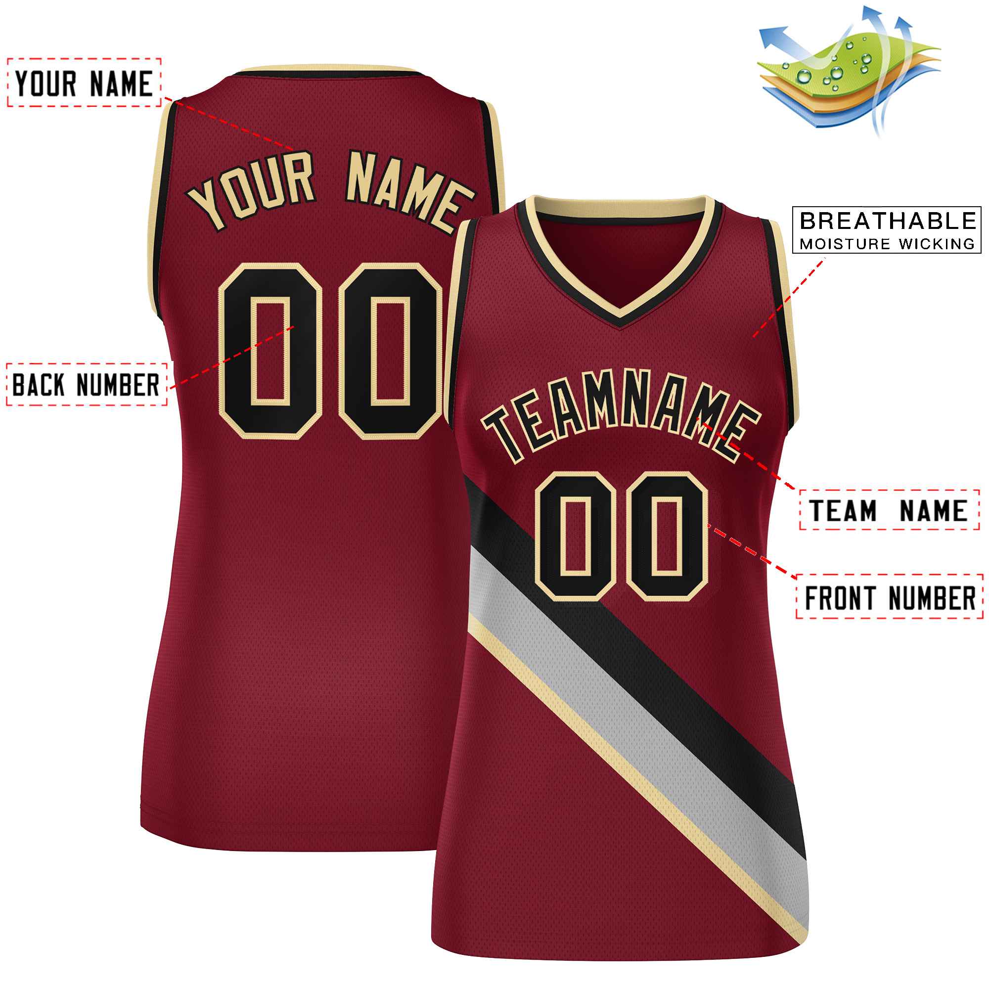 Custom Crimson Black-Khaki Thick Slash Fashion Tops Mesh Basketball Jersey For Women