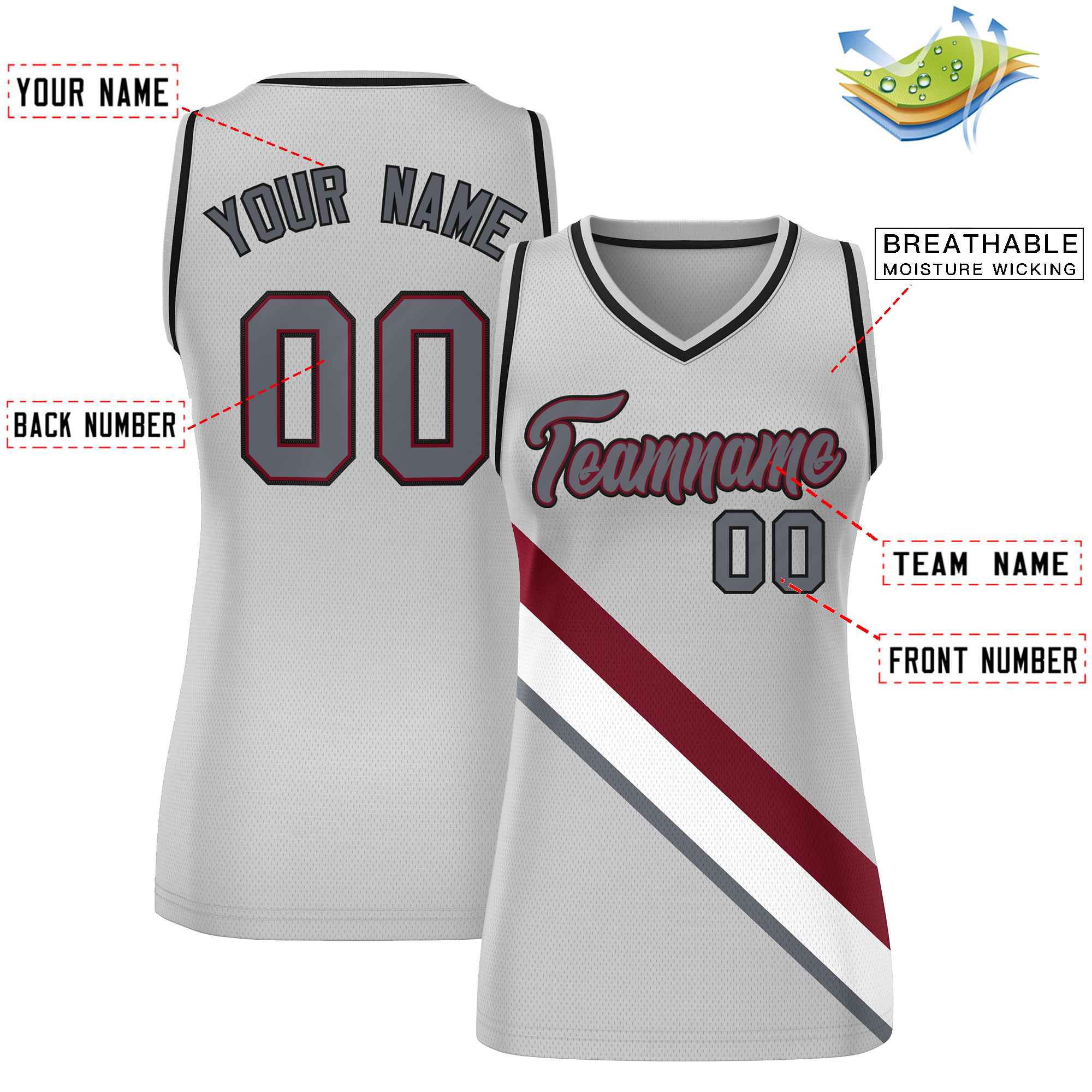 Custom Gray Black-Gray Thick Slash Fashion Tops Mesh Basketball Jersey For Women