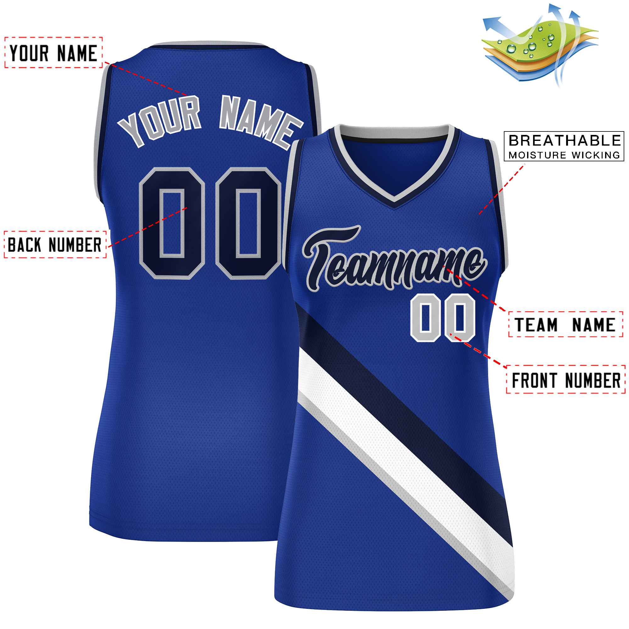 Custom Royal Navy-Gray Thick Slash Fashion Tops Mesh Basketball Jersey For Women