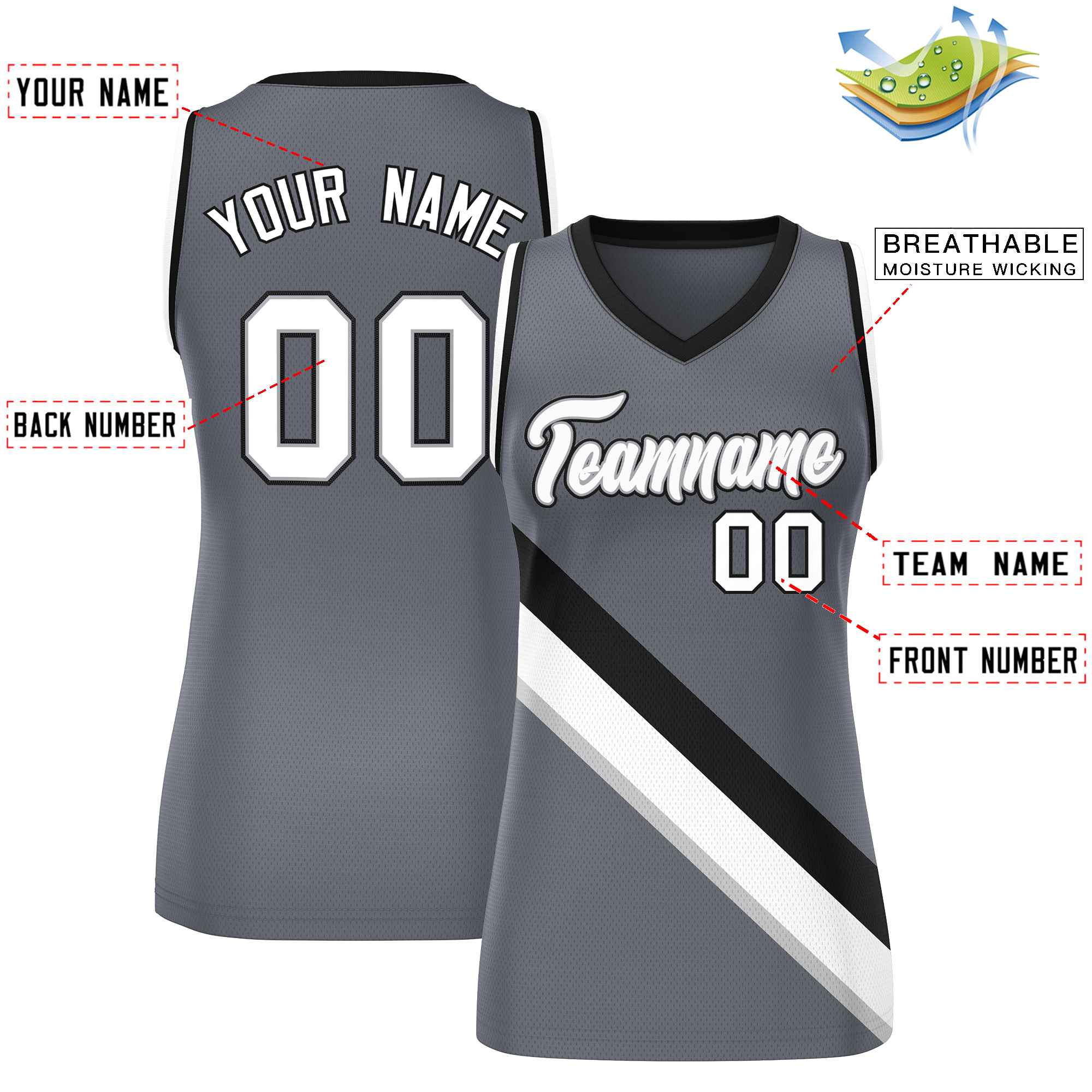 Custom Dark Gray Black-White Thick Slash Fashion Tops Mesh Basketball Jersey For Women