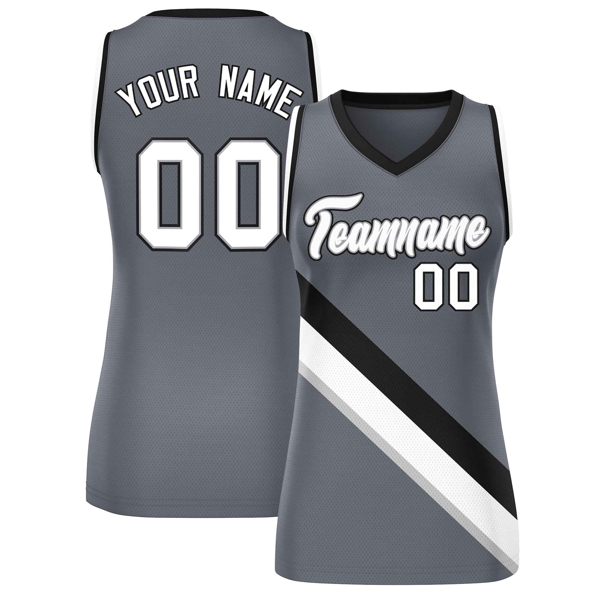 Custom Dark Gray Black-White Thick Slash Fashion Tops Mesh Basketball Jersey For Women