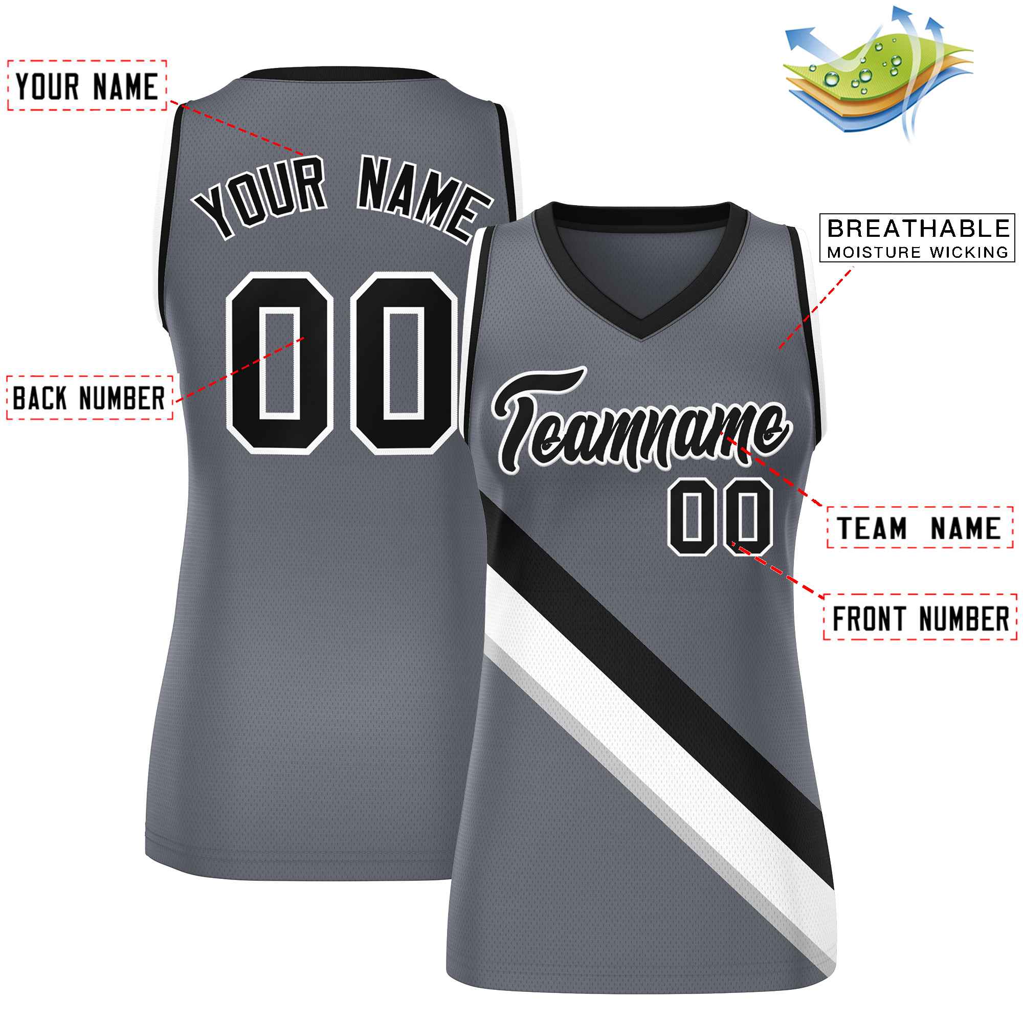 Custom Dark Gray Black-White Thick Slash Fashion Tops Mesh Basketball Jersey For Women