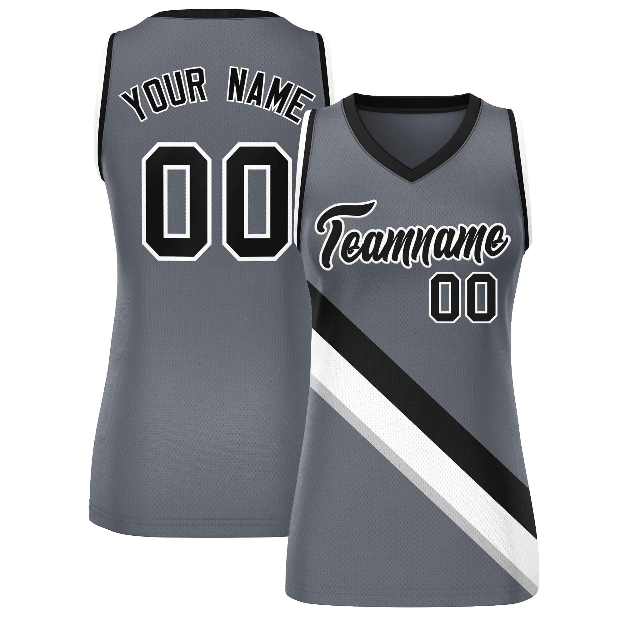 Custom Dark Gray Black-White Thick Slash Fashion Tops Mesh Basketball Jersey For Women