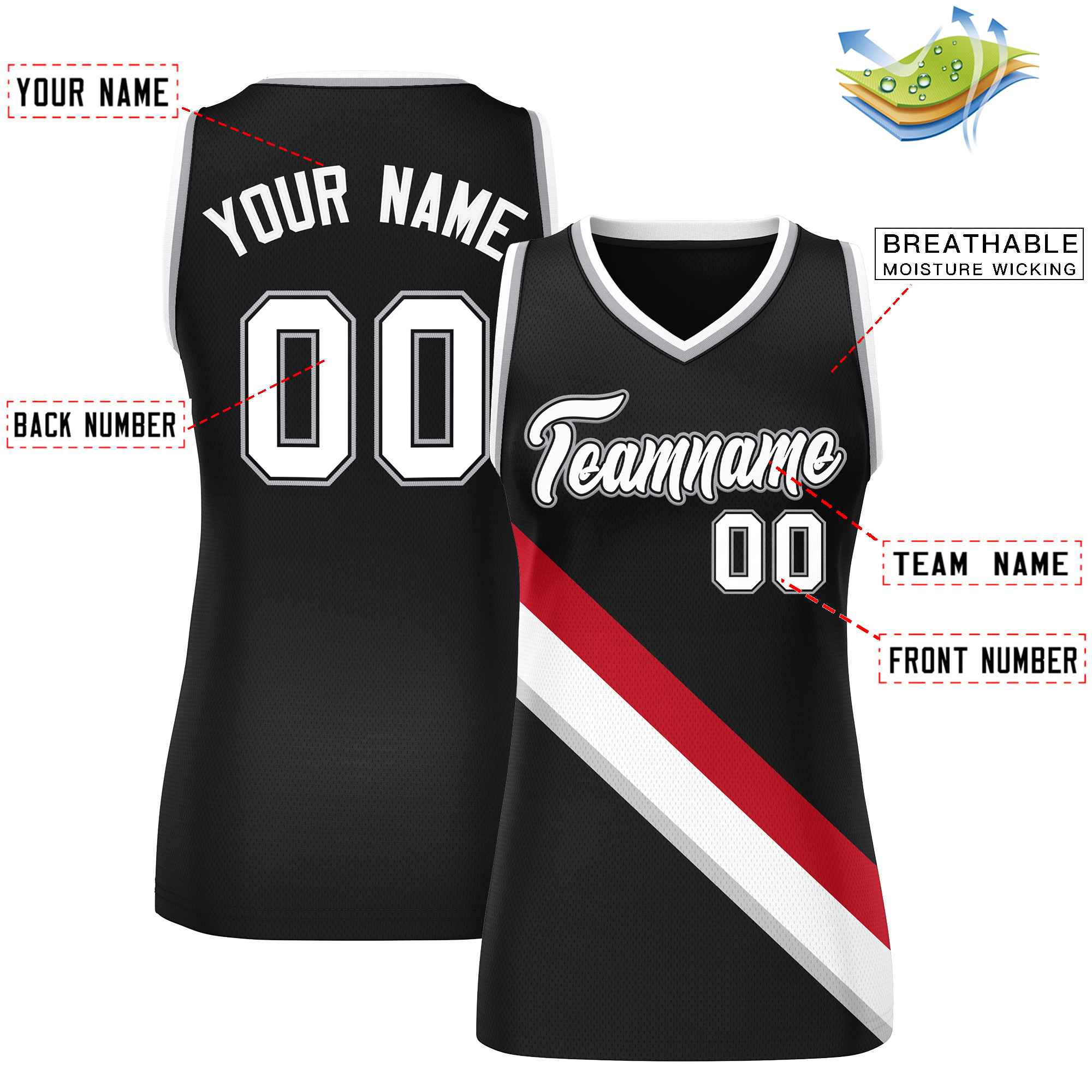 Custom Black Gray-White Thick Slash Fashion Tops Mesh Basketball Jersey For Women