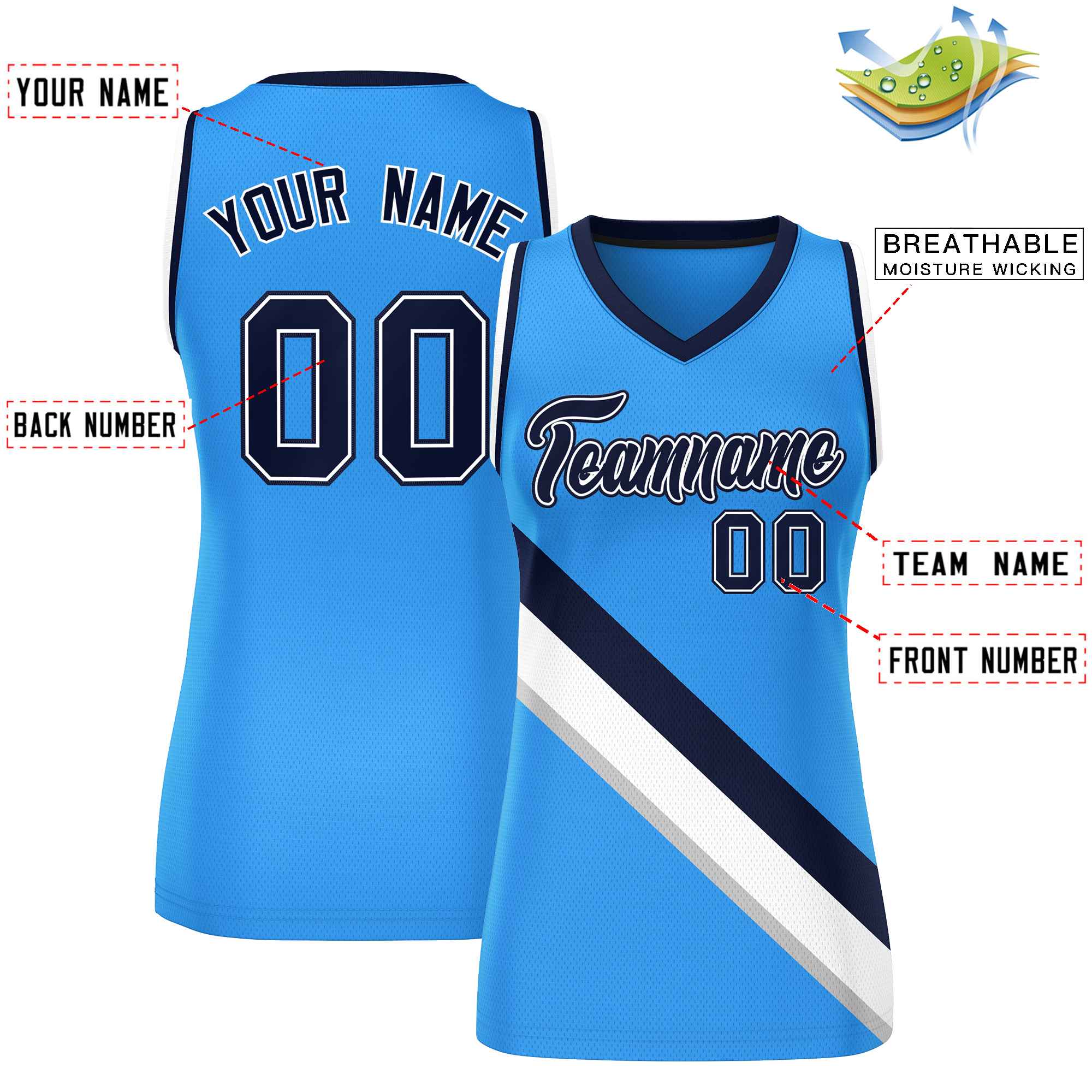 Custom Powder Blue Navy-White Thick Slash Fashion Tops Mesh Basketball Jersey For Women