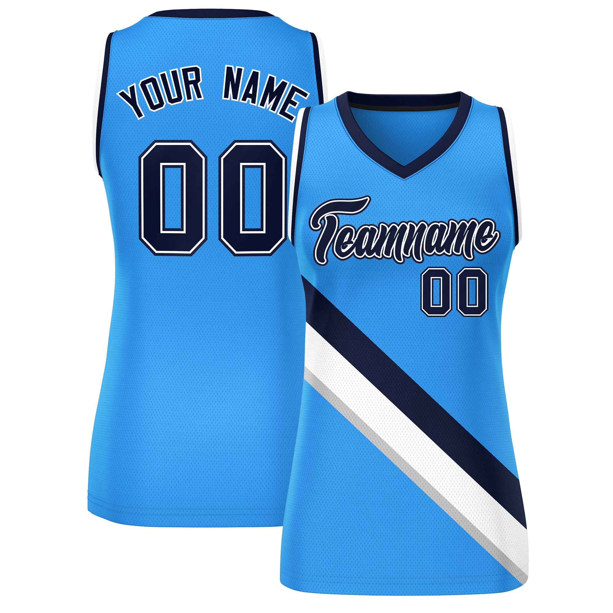 Custom Powder Blue Navy-White Thick Slash Fashion Tops Mesh Basketball Jersey For Women