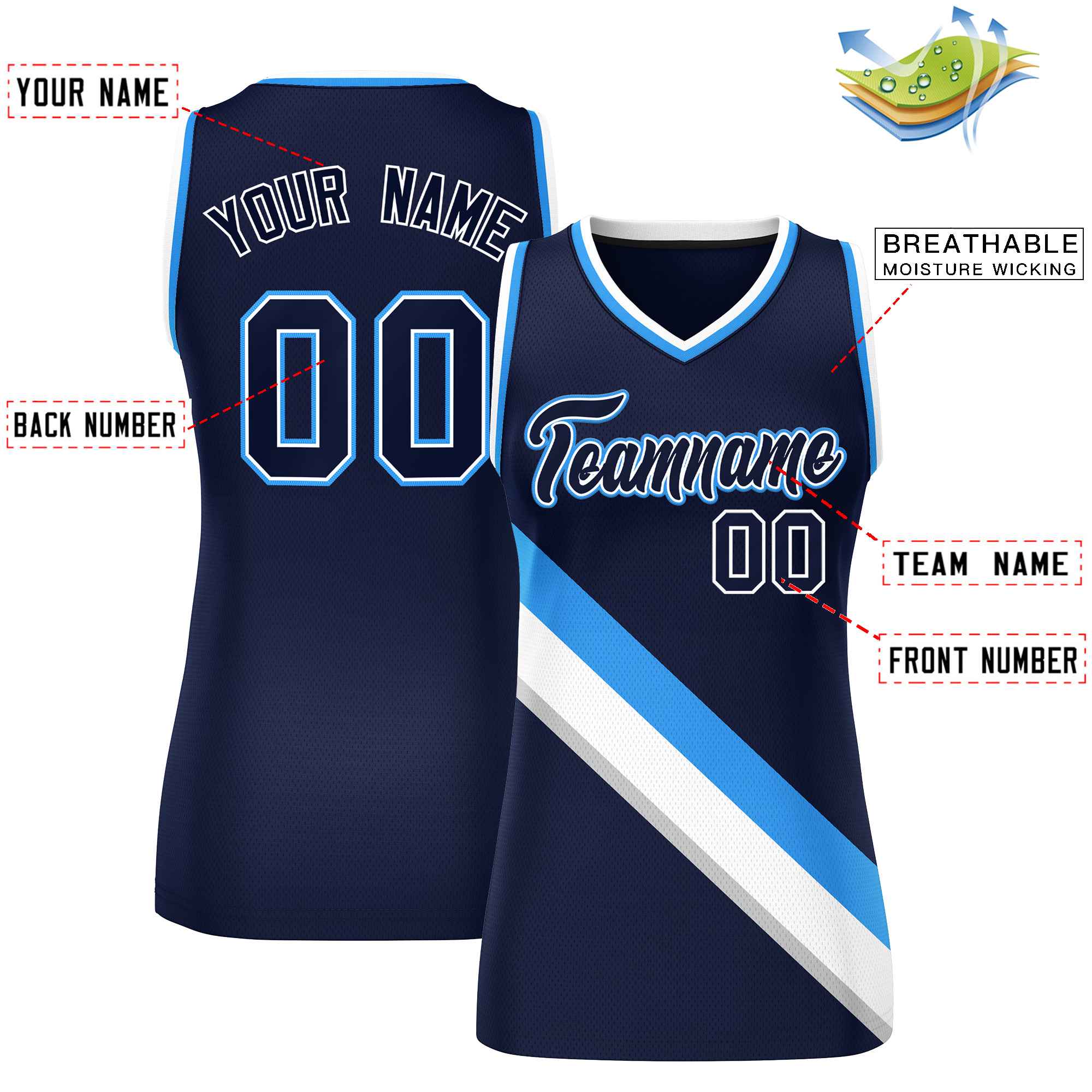 Custom Navy Powder Blue-White Thick Slash Fashion Tops Mesh Basketball Jersey For Women