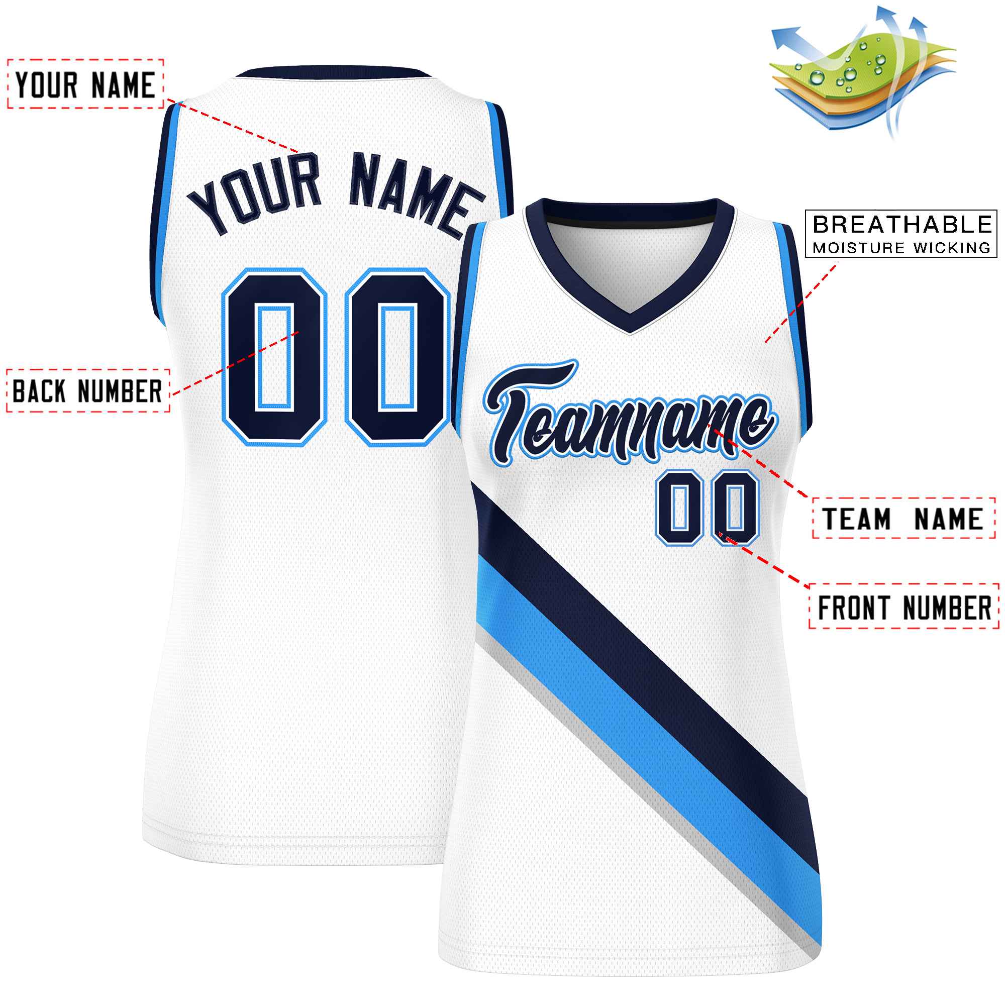 Custom White Powder Blue-Navy Thick Slash Fashion Tops Mesh Basketball Jersey For Women