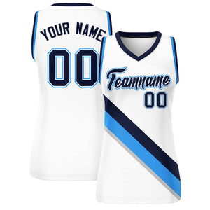 Custom White Powder Blue-Navy Thick Slash Fashion Tops Mesh Basketball Jersey For Women