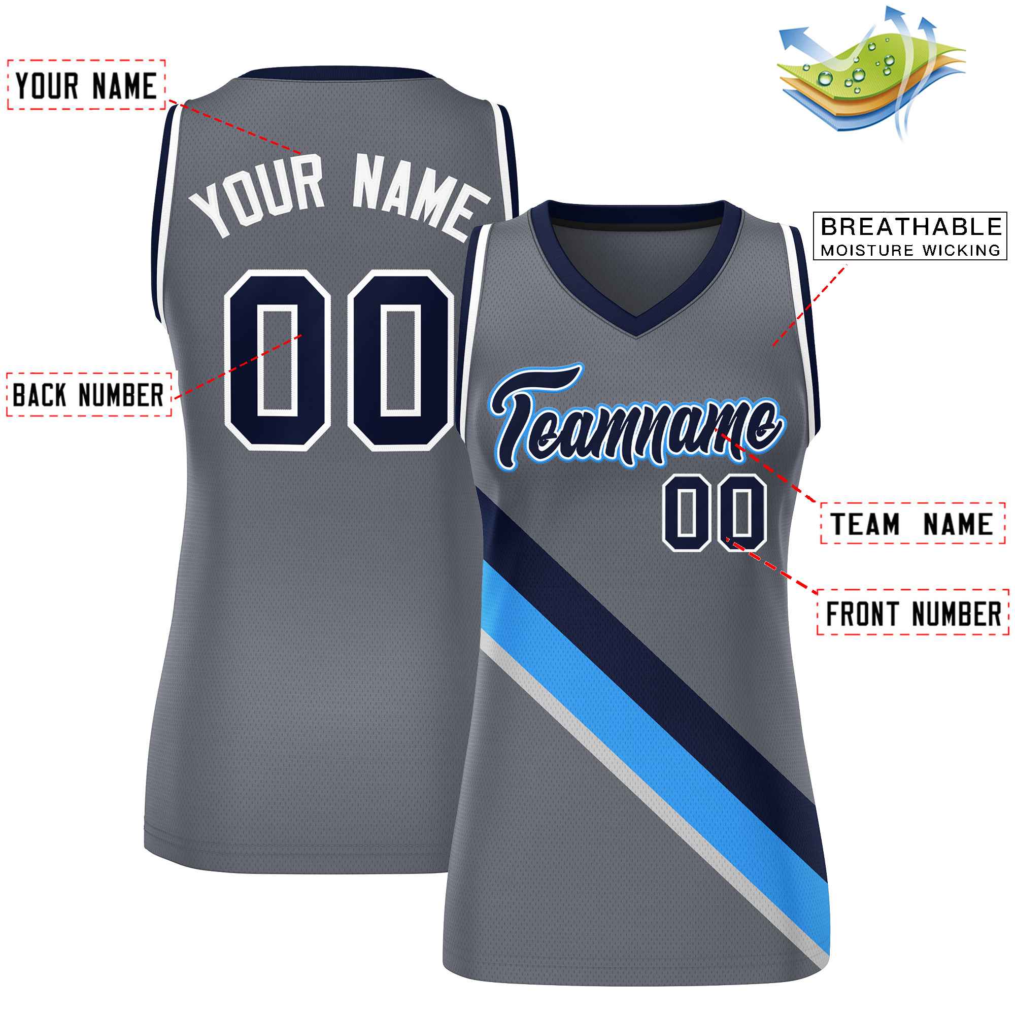 Custom Dark Gray White-Navy Thick Slash Fashion Tops Mesh Basketball Jersey For Women