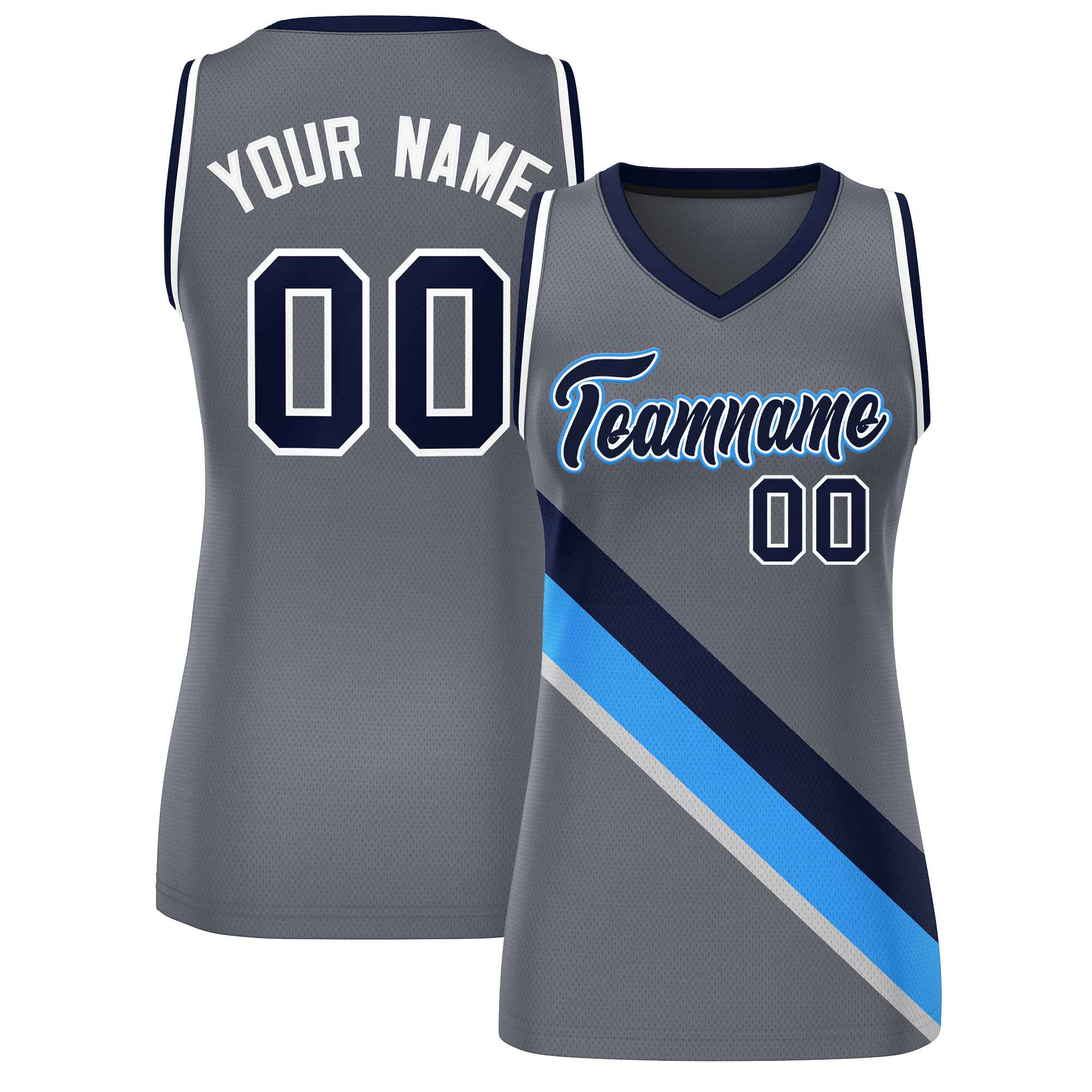 Custom Dark Gray White-Navy Thick Slash Fashion Tops Mesh Basketball Jersey For Women