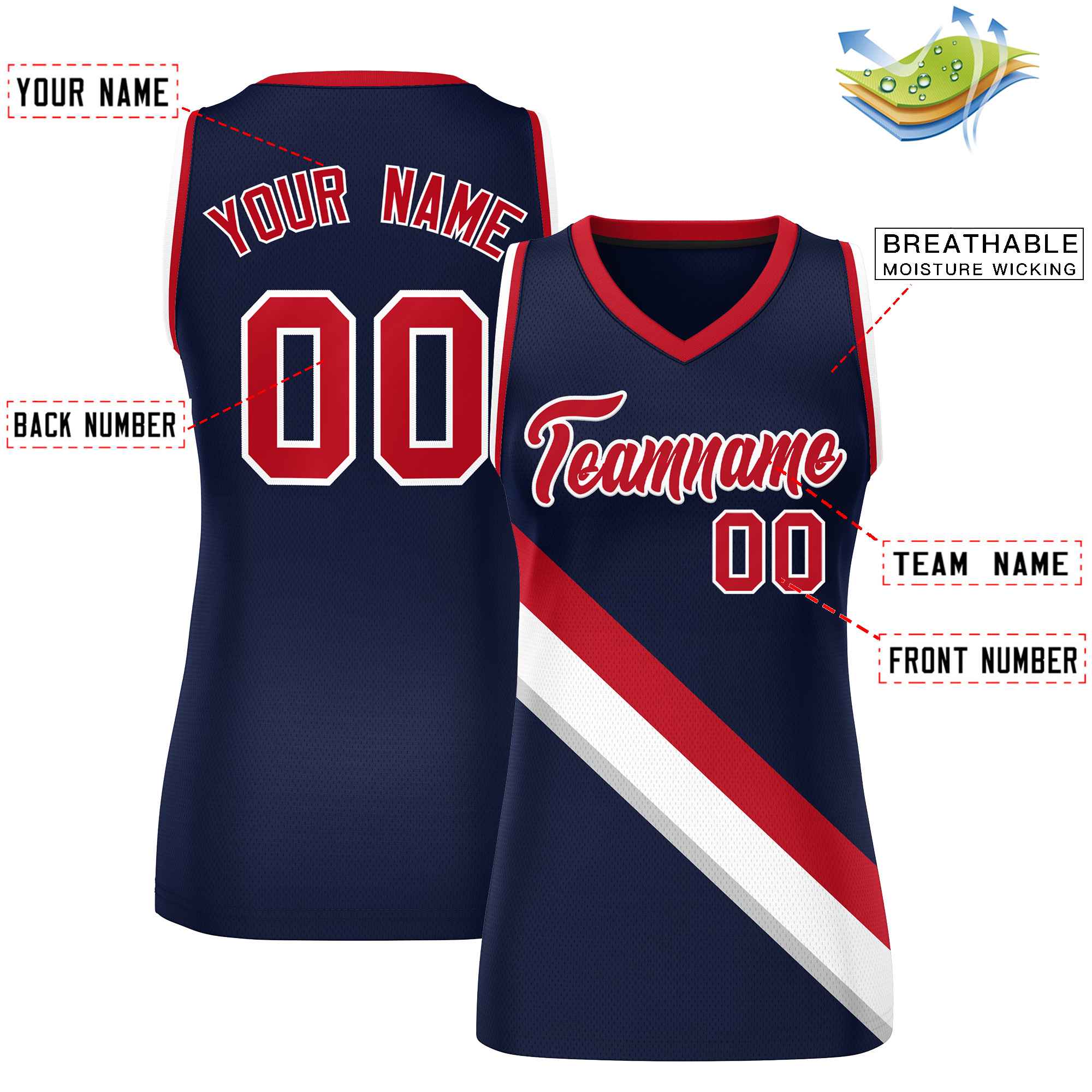 Custom Dark Gray Navy-Red Thick Slash Fashion Tops Mesh Basketball Jersey For Women