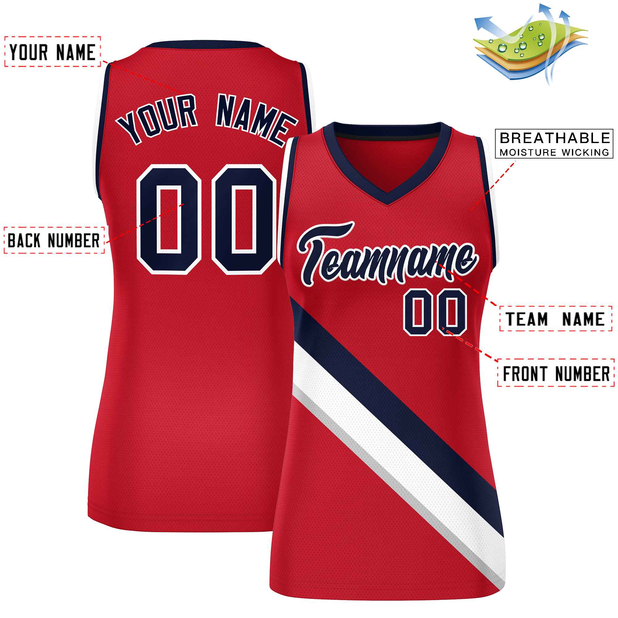 Custom Red Navy-White Thick Slash Fashion Tops Mesh Basketball Jersey For Women