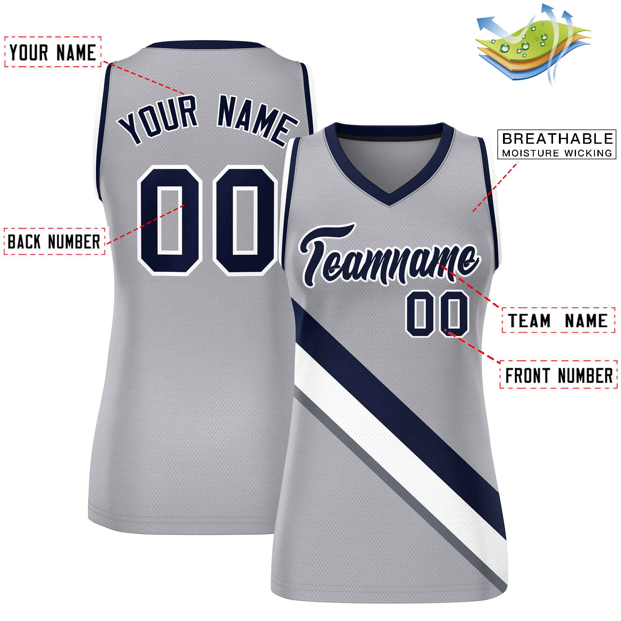 Custom Light Gray Navy-White Thick Slash Fashion Tops Mesh Basketball Jersey For Women