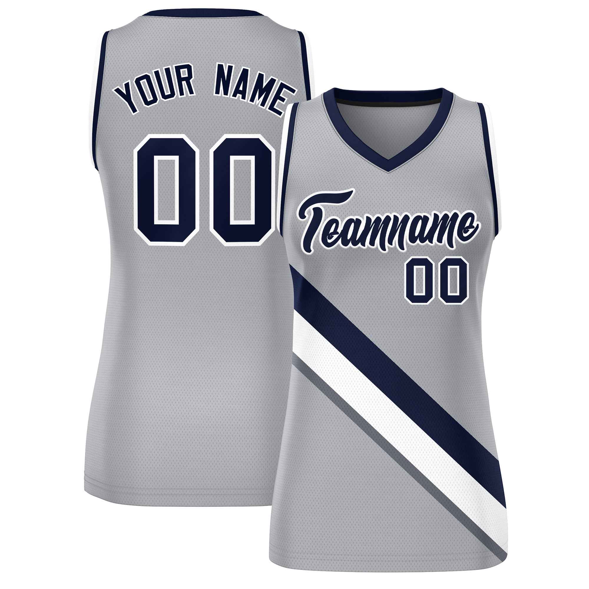 Custom Light Gray Navy-White Thick Slash Fashion Tops Mesh Basketball Jersey For Women