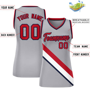 Custom Light Gray Navy-Red Thick Slash Fashion Tops Mesh Basketball Jersey For Women