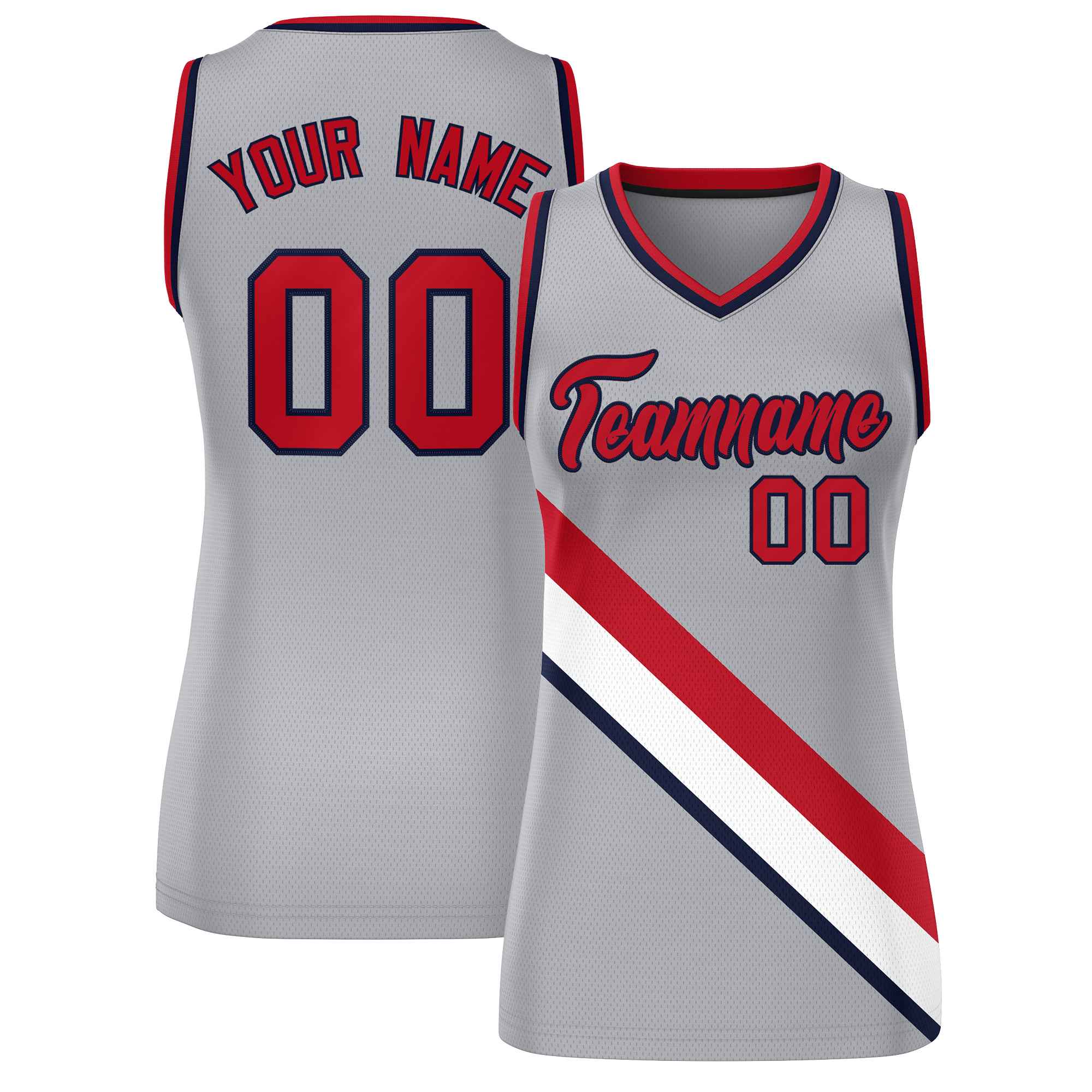 Custom Light Gray Navy-Red Thick Slash Fashion Tops Mesh Basketball Jersey For Women