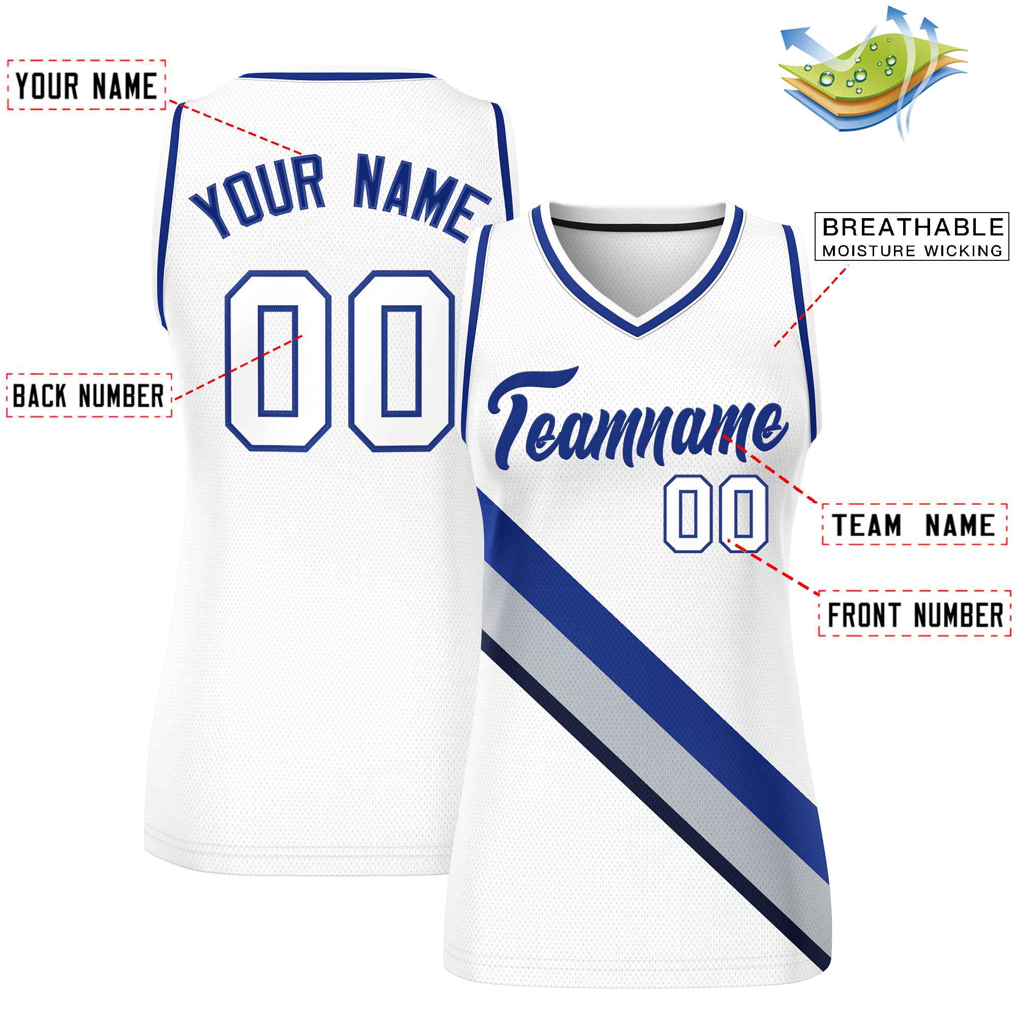 Custom White Navy-White Thick Slash Fashion Tops Mesh Basketball Jersey For Women