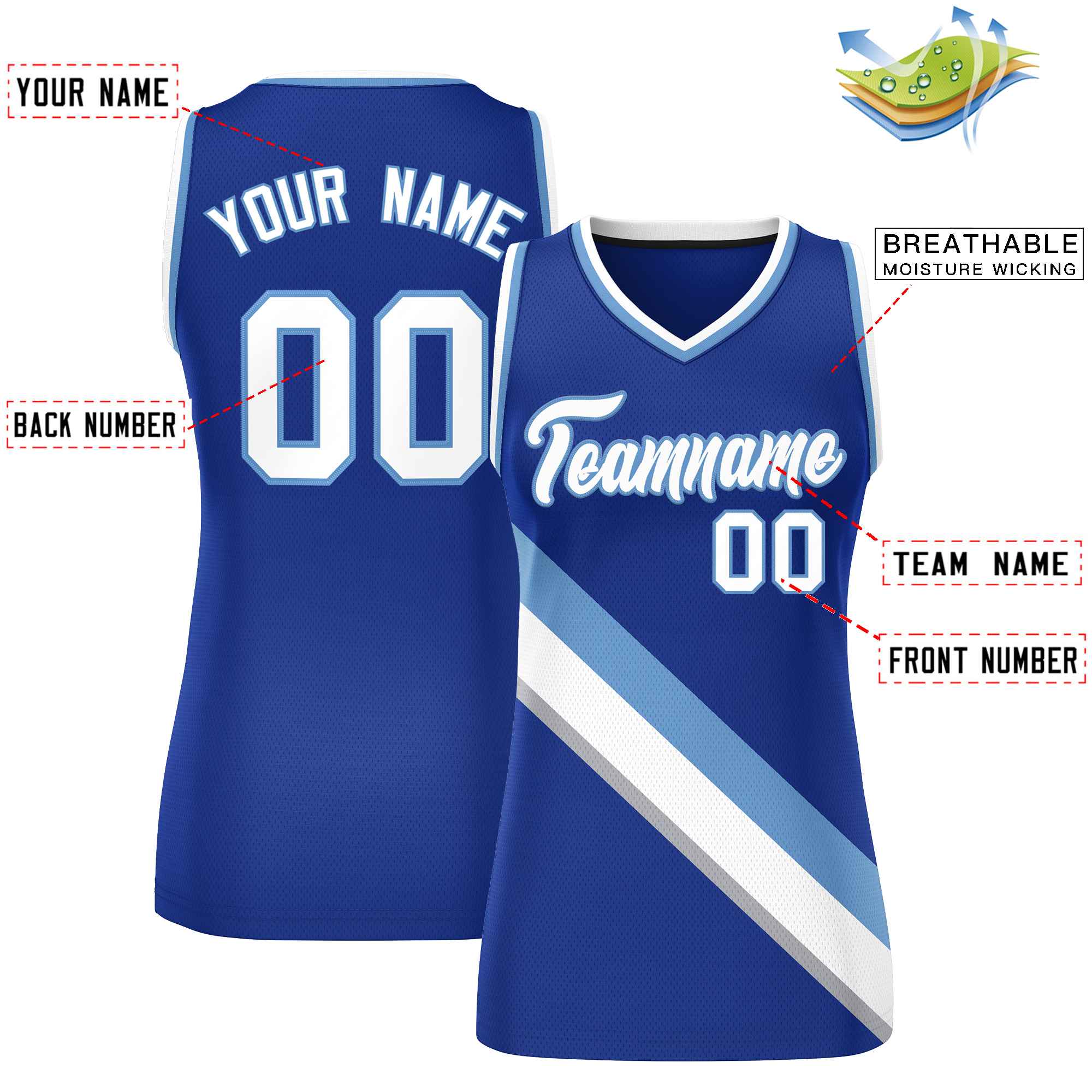 Custom Royal White-Light Blue Thick Slash Fashion Tops Mesh Basketball Jersey For Women