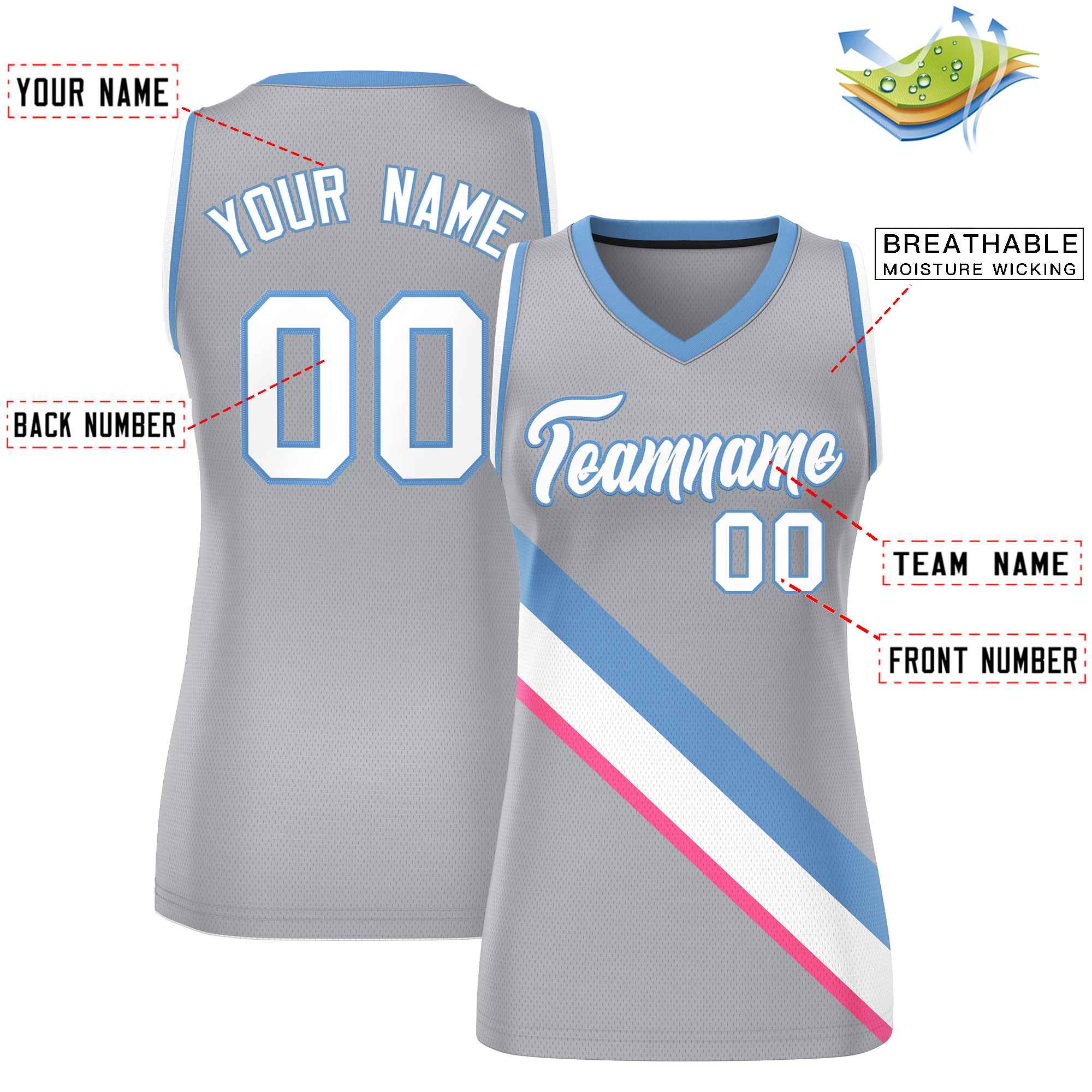 Custom Light Gray White-Light Blue Thick Slash Fashion Tops Mesh Basketball Jersey For Women