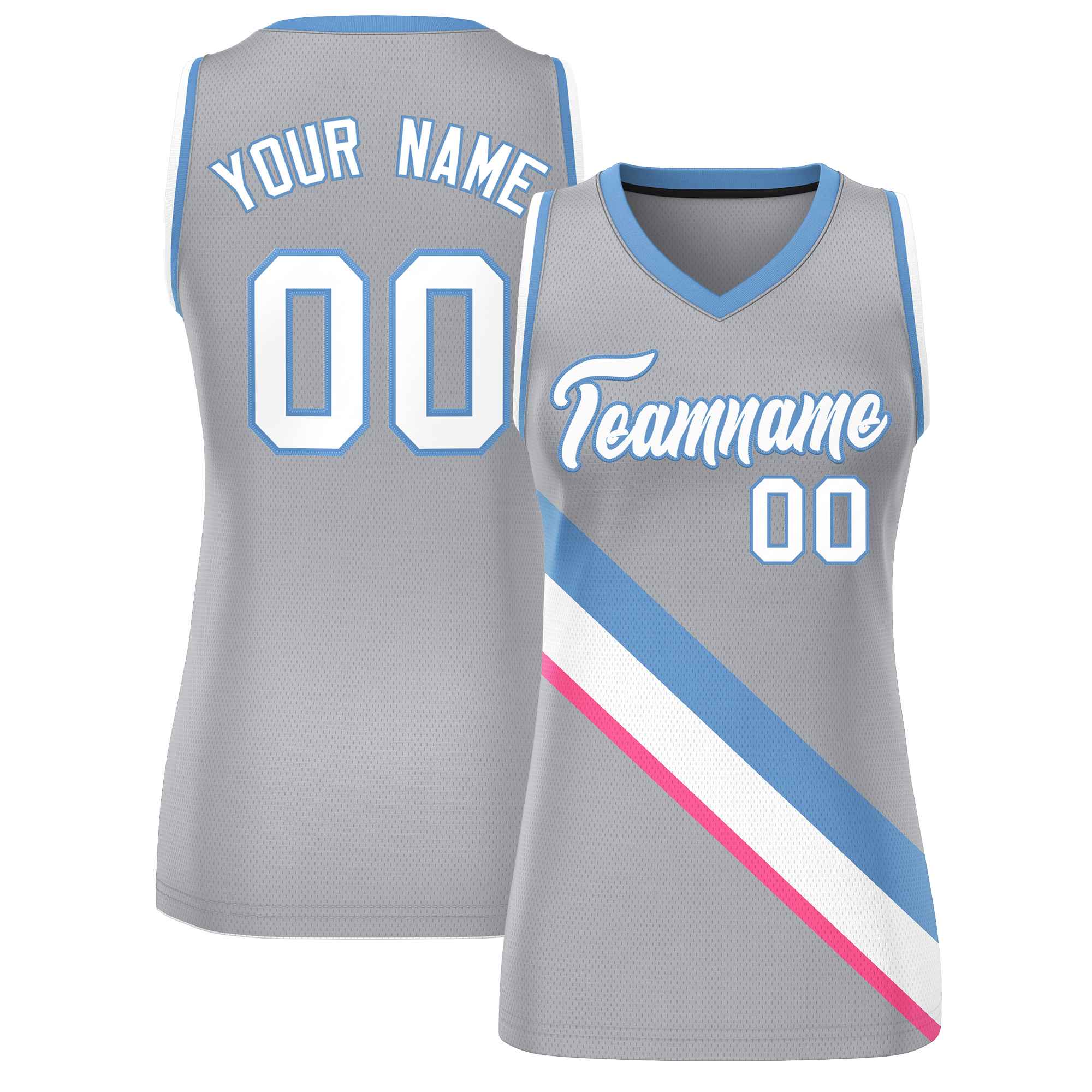 Custom Light Gray White-Light Blue Thick Slash Fashion Tops Mesh Basketball Jersey For Women