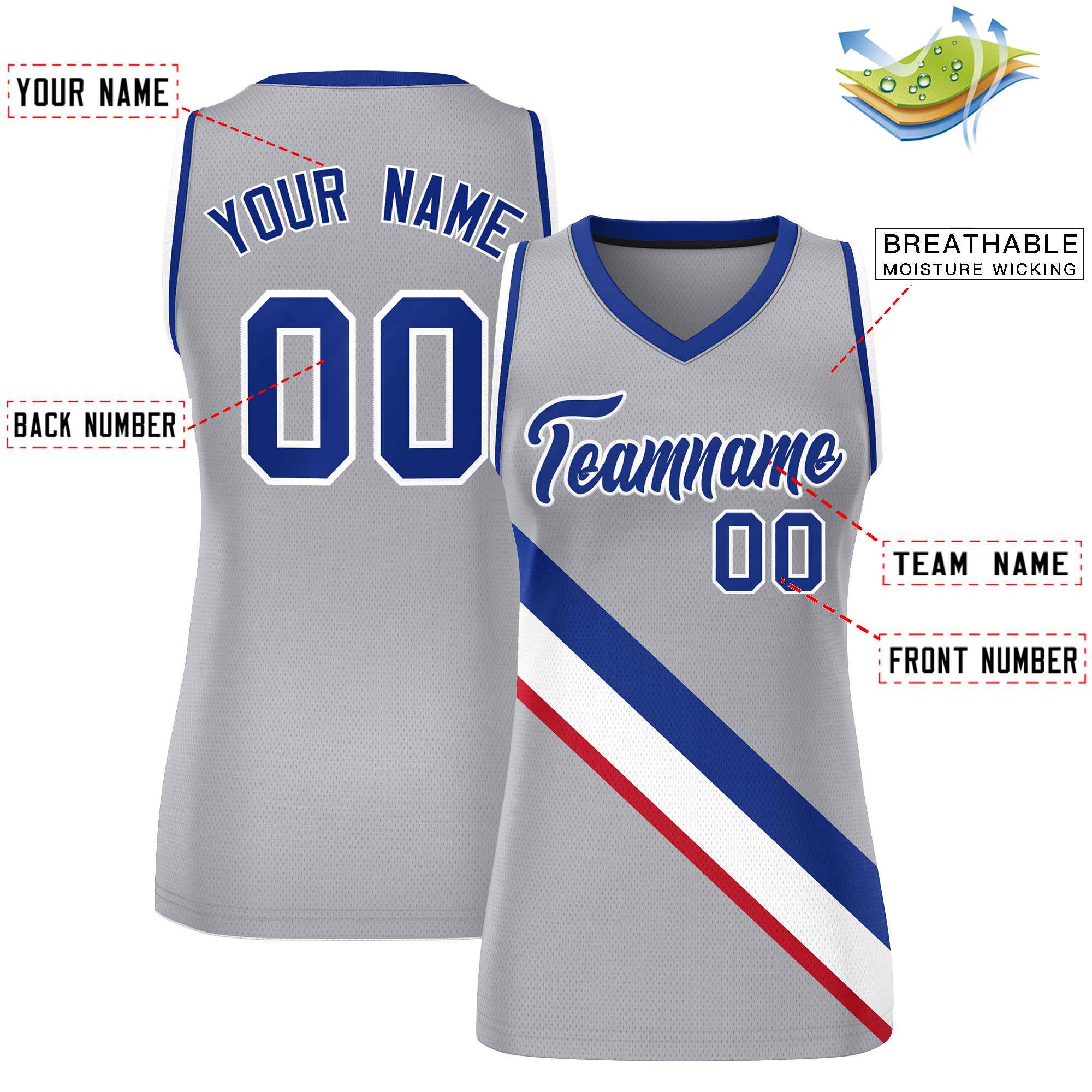 Custom Light Gray Royal-White Thick Slash Fashion Tops Mesh Basketball Jersey For Women