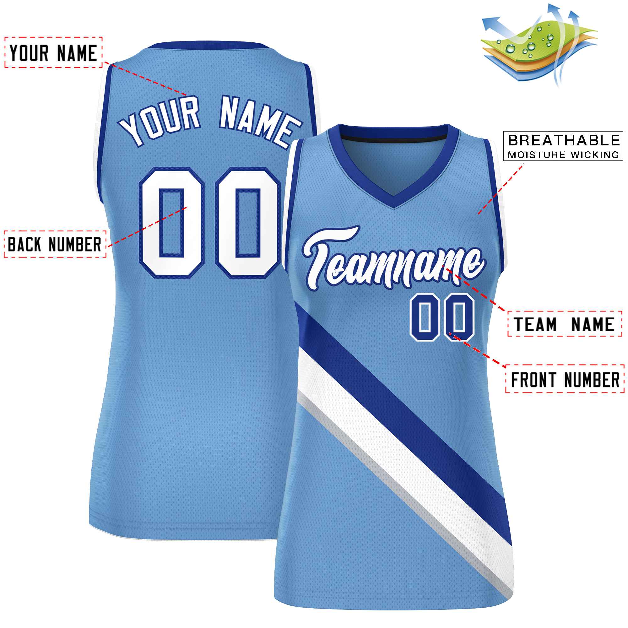 Custom Light Blue White-Royal Thick Slash Fashion Tops Mesh Basketball Jersey For Women