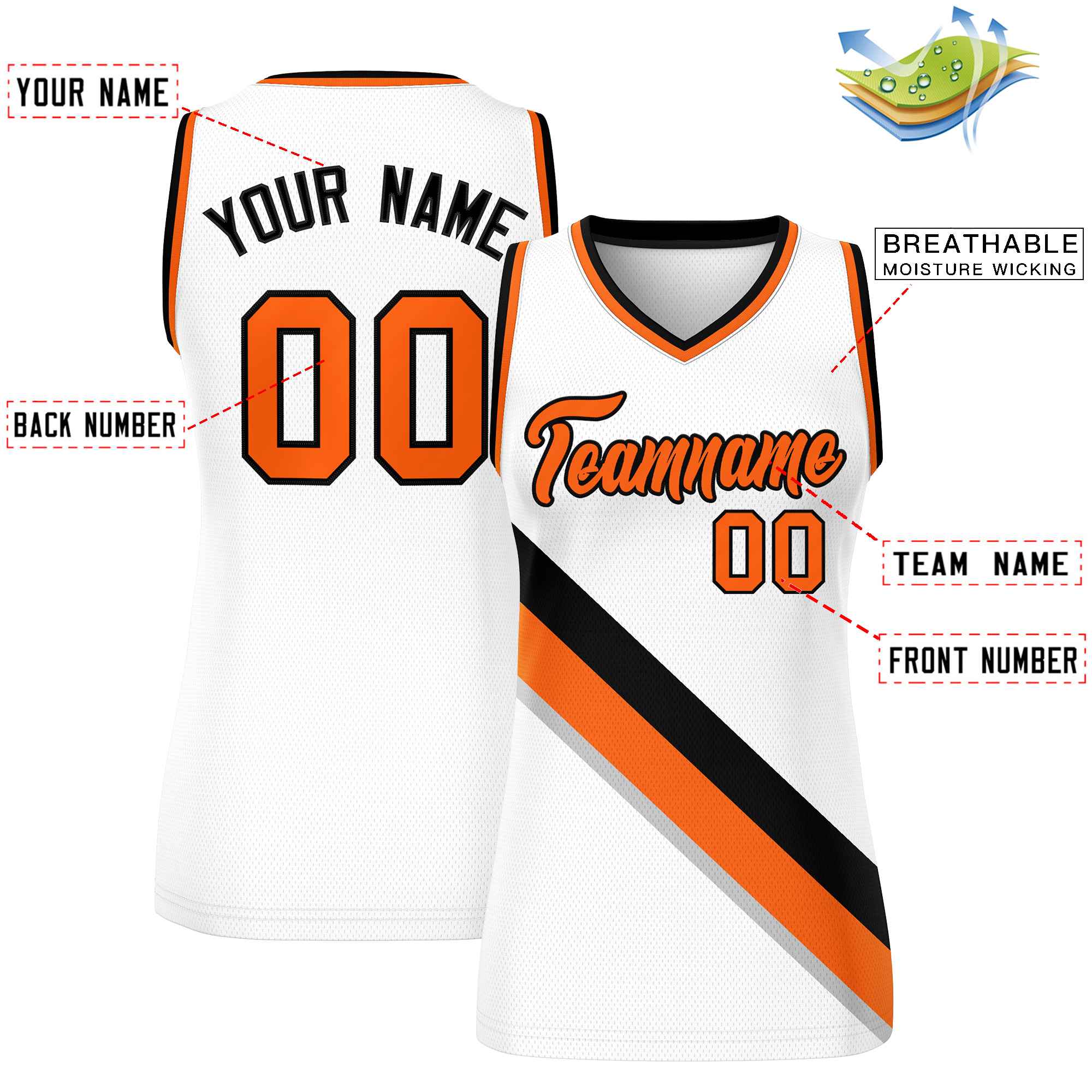 Custom White Orange-Black Thick Slash Fashion Tops Mesh Basketball Jersey For Women