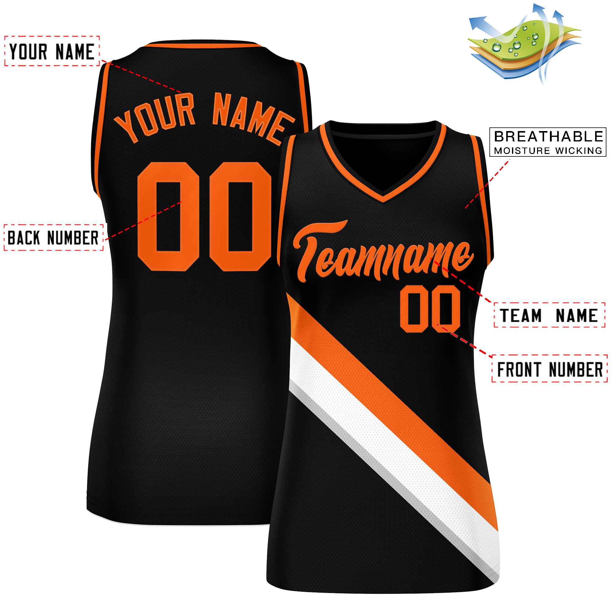 Custom Black Orange-White Thick Slash Fashion Tops Mesh Basketball Jersey For Women