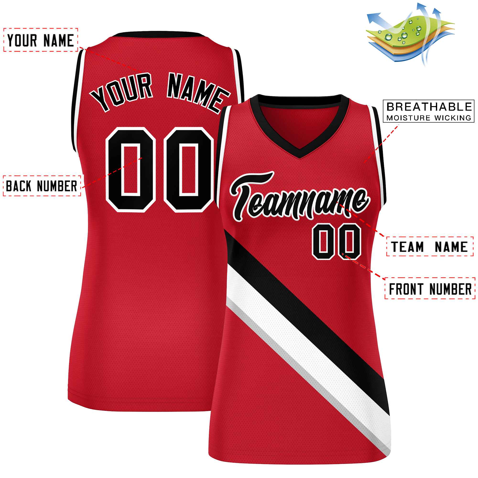 Custom Red Black-White Thick Slash Fashion Tops Mesh Basketball Jersey For Women