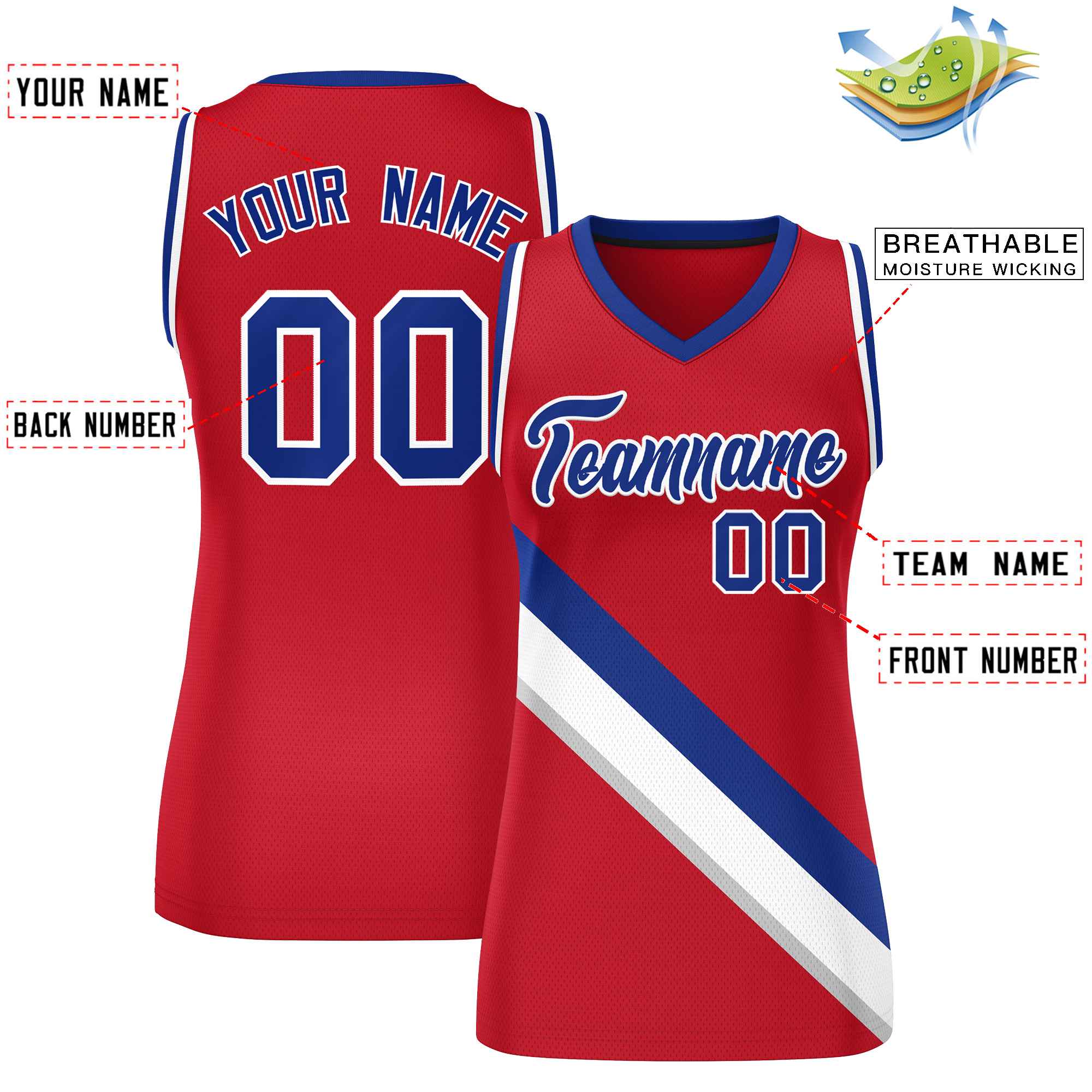 Custom Red Royal-White Thick Slash Fashion Tops Mesh Basketball Jersey For Women