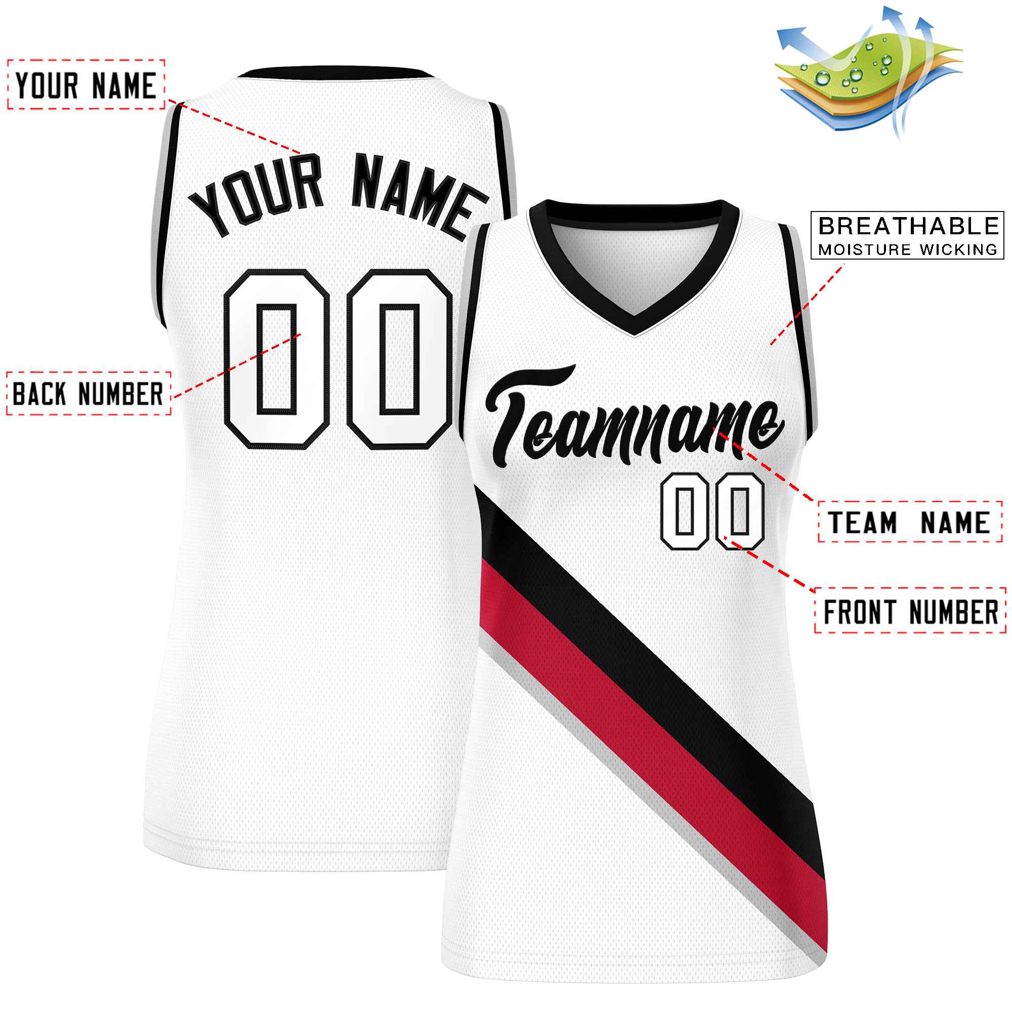 Custom White Black-Gray Thick Slash Fashion Tops Mesh Basketball Jersey For Women