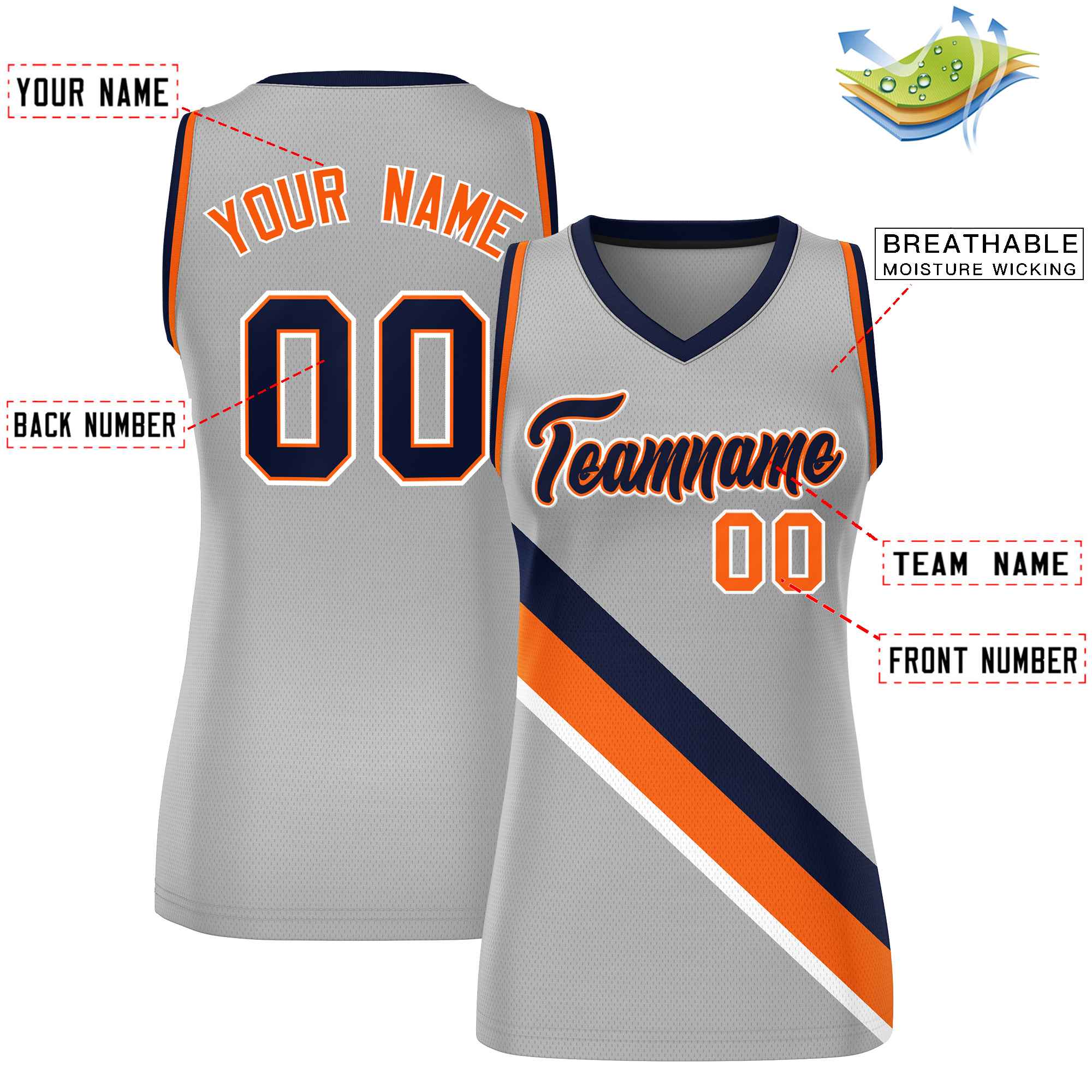 Custom Light Gray Orange-Navy Thick Slash Fashion Tops Mesh Basketball Jersey For Women