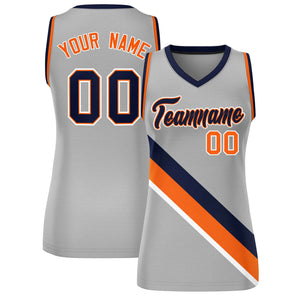 Custom Light Gray Orange-Navy Thick Slash Fashion Tops Mesh Basketball Jersey For Women